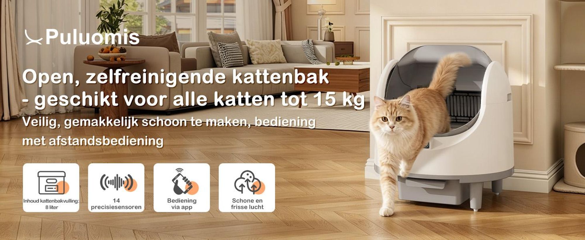 Puluomis zelfreinigende kattenbak 80L XXL, open kattenbak met app-bediening, 12 sensoren, 8L afvalbak, stil, geschikt voor katten tot 15 kg