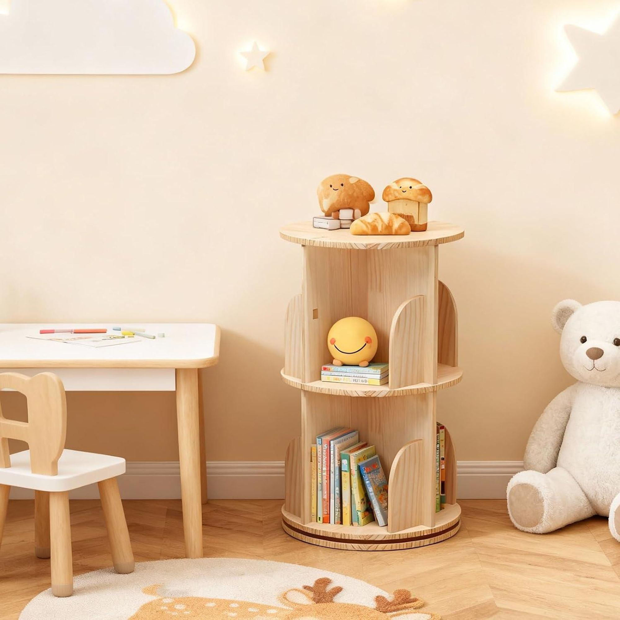 Drehbücherregal 360 Grad drehbar 39x39x67 cm Massivholz Rundregal 2 Ebenen Bücherregal Standregal für Wohnzimmer Schlafzimmer Kinderzimmer