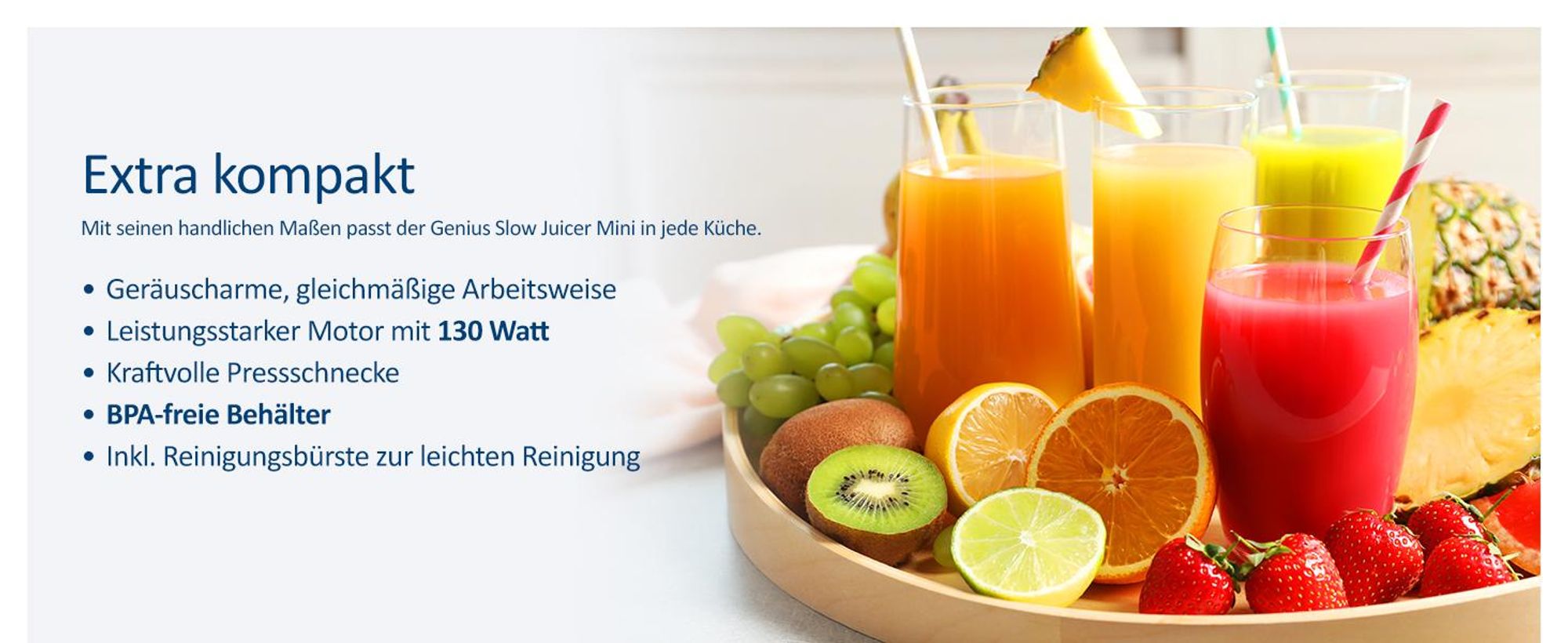 Genius Slow Juicer Entsafter Mini für Gemüse Obst 9 tlg, Kaltpressjuicer, 130 W, geräuscharm, schlichtes Design, leichte Früchte Saftpresse elektrisch