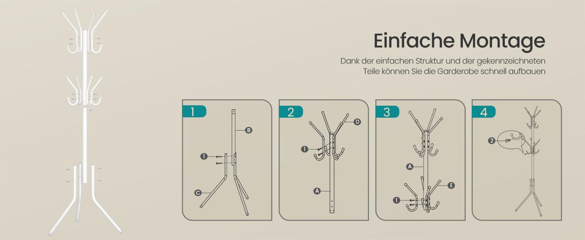 SONGMICS Garderobenständer aus Metall, Kleiderständer mit Haken, für Wohnzimmer, Flur, Schlafzimmer, weiß