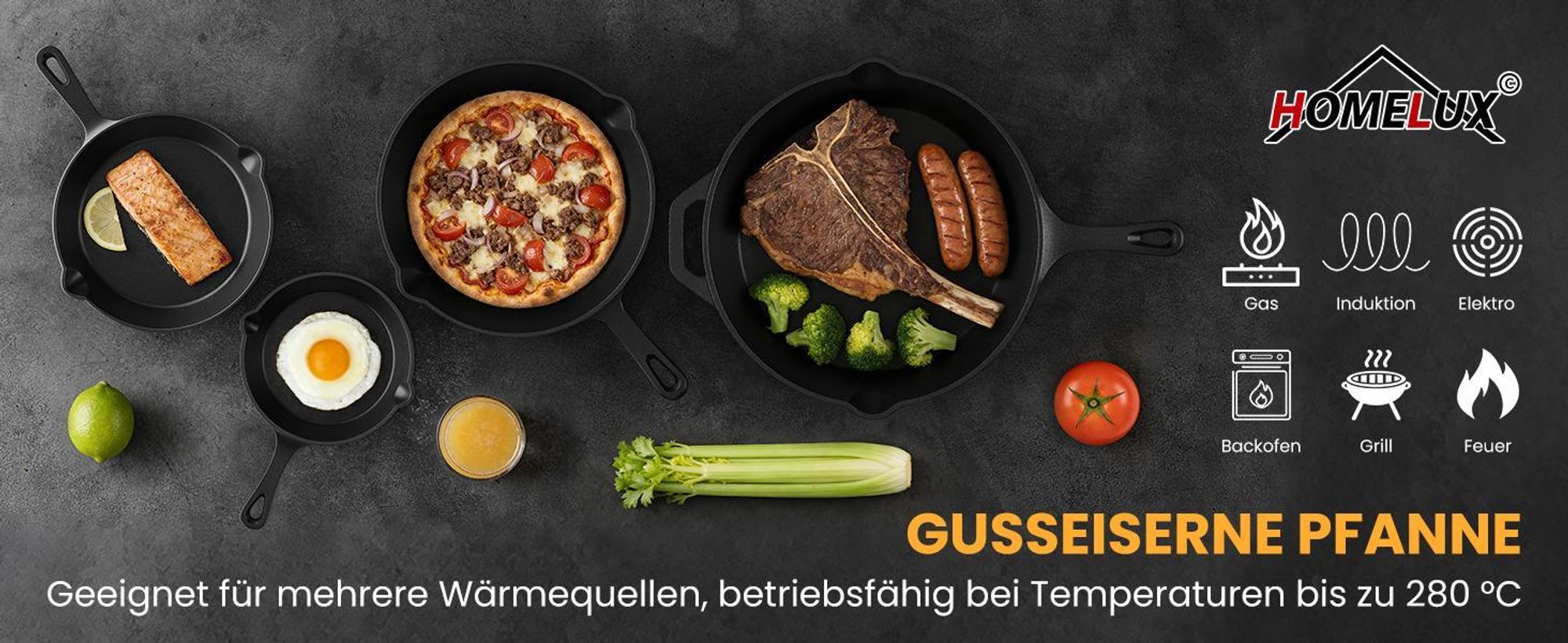 HOMELUX Gusseisenpfanne 26cm Pfanne Gusseisen Induktion Antihaft Eingebrannte Gusspfanne, Eisenpfanne Cast Iron Pan, Skillet Grillpfanne Steakpfanne