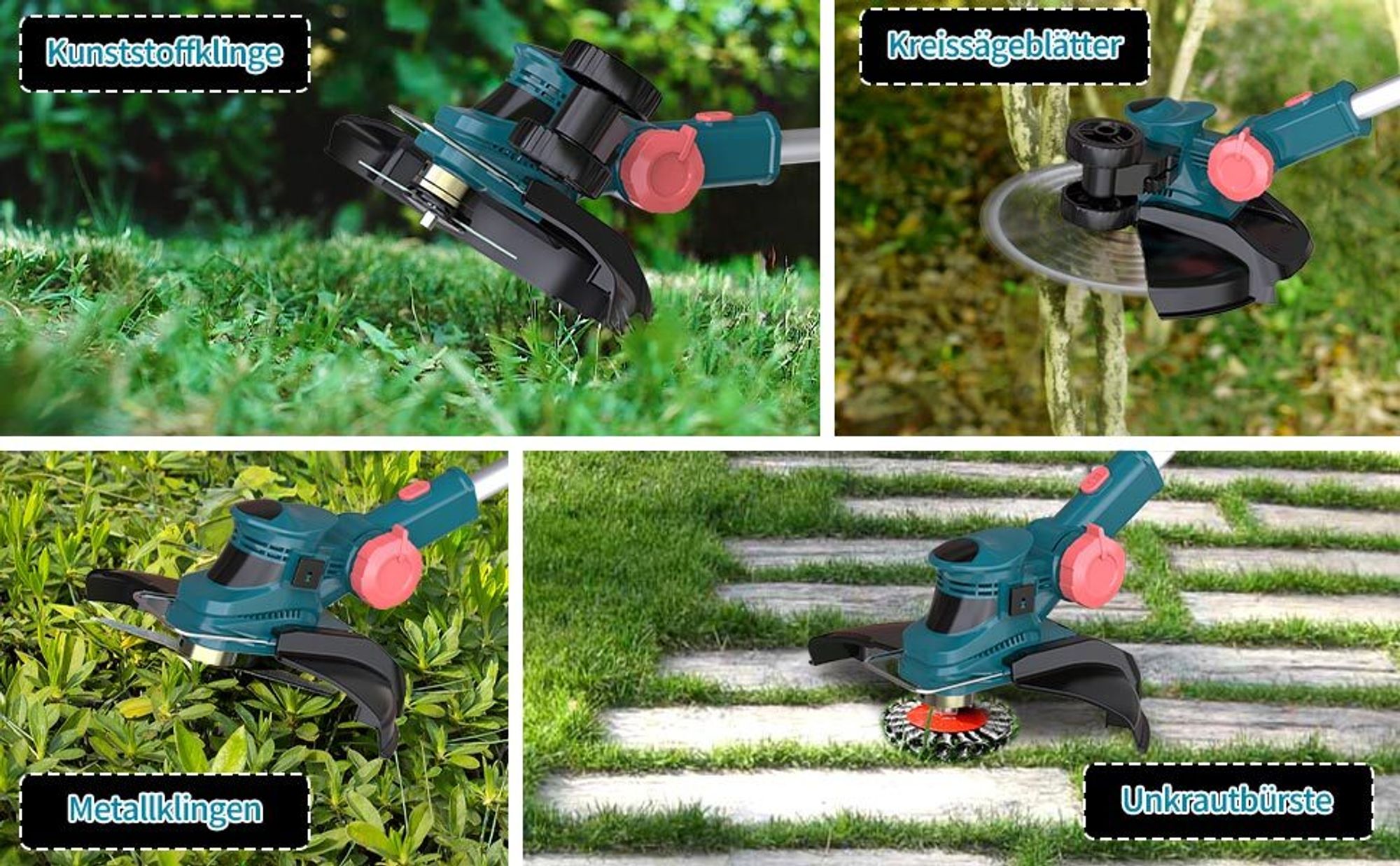 750W Akku Rasentrimmer mit 2× 4.0Ah Akkus & Ladegerät, Freischneider Gartengeräte mit Fugenbürste & Unkrautbürste | Blau