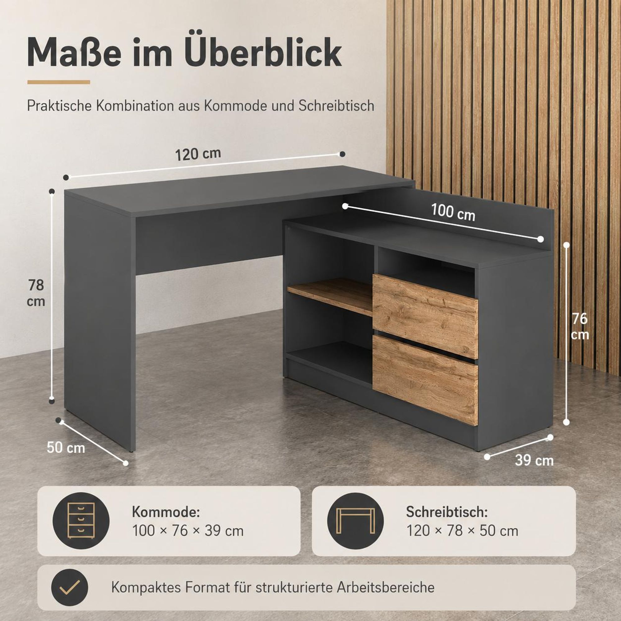 Abmessungen: Schreibtisch 120x78x50 cm, Kommode 100x76x39 cm in Anthrazit.