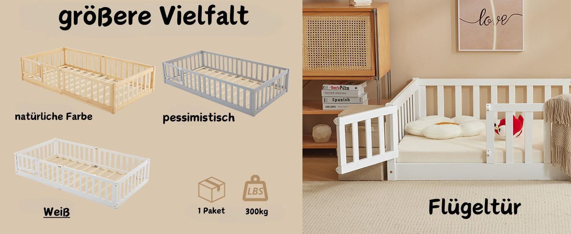 FCH Kinderbett 140 x 200 cm, Bodenbett, Zaunbett, Holzbett mit Rausfallschutz und Tür, Spielbett, für Kinder, Weiß