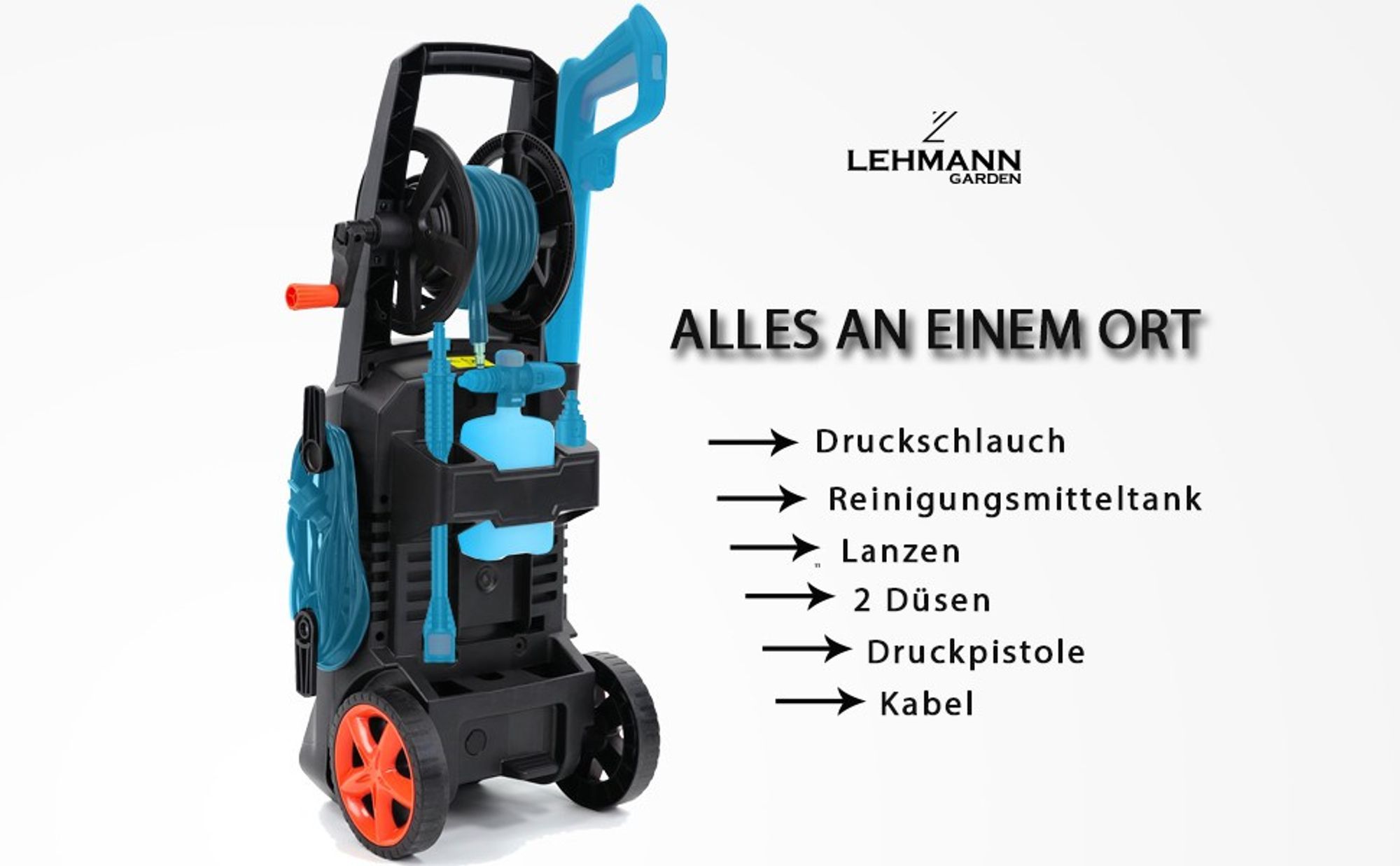 Hochdruckreiniger Lehmann Missouri mit Wasserpumpe, 160 bar, 2200 W, 480 l/h, inkl. 10m Schlauch, Schaumflasche und zwei Düsen