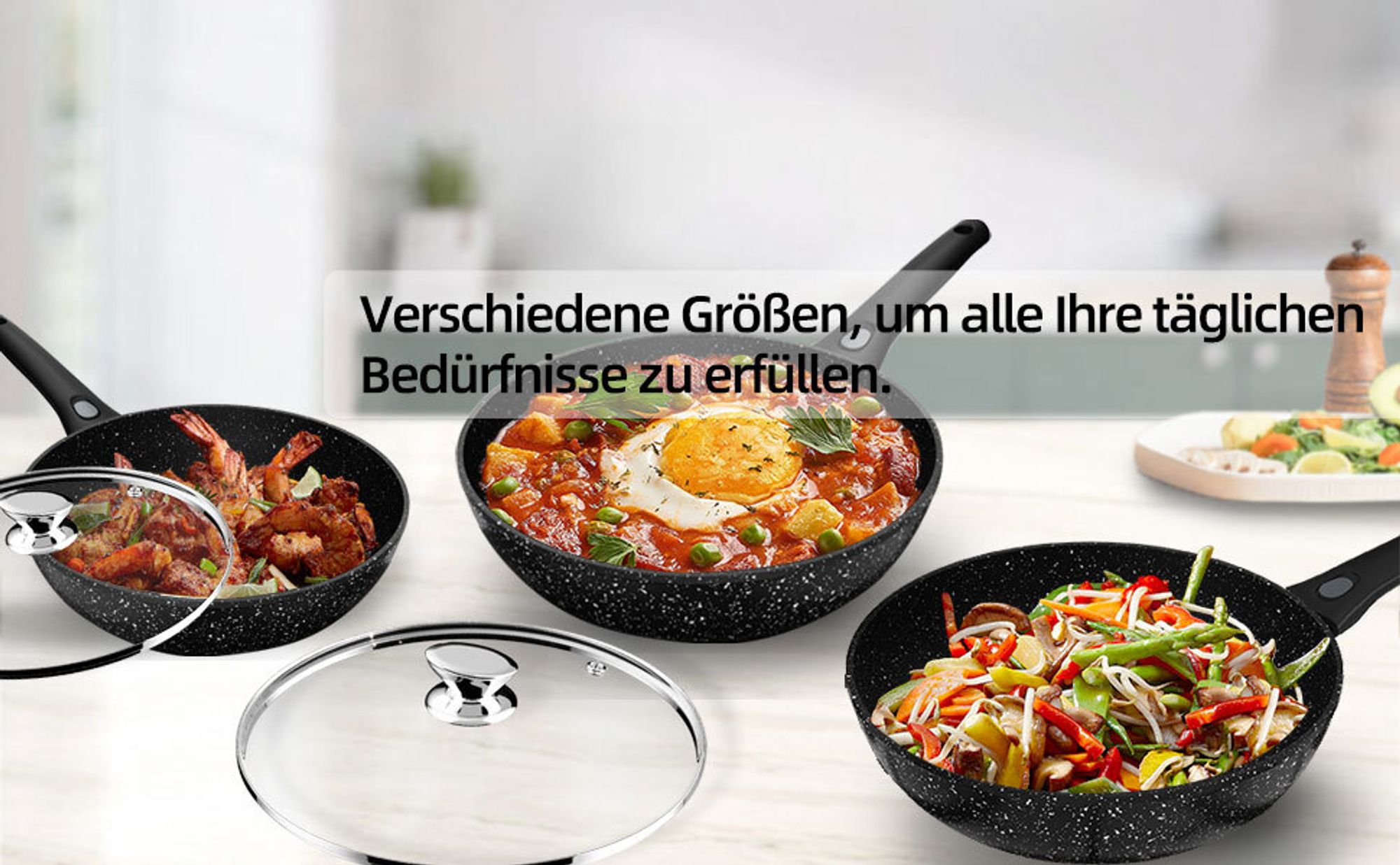 Homelux Pfanne Wokpfannen Bratpfanne 28 cm, Wokpfanne Induktion Abnehmbarer Griff Mit Glasdeckel – Für alle Herdarten, auch Induktion