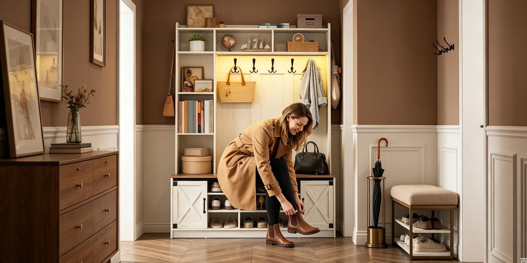 Garderobenständer mit Sitzbank, Garderobe mit LED, Weiß-Braun