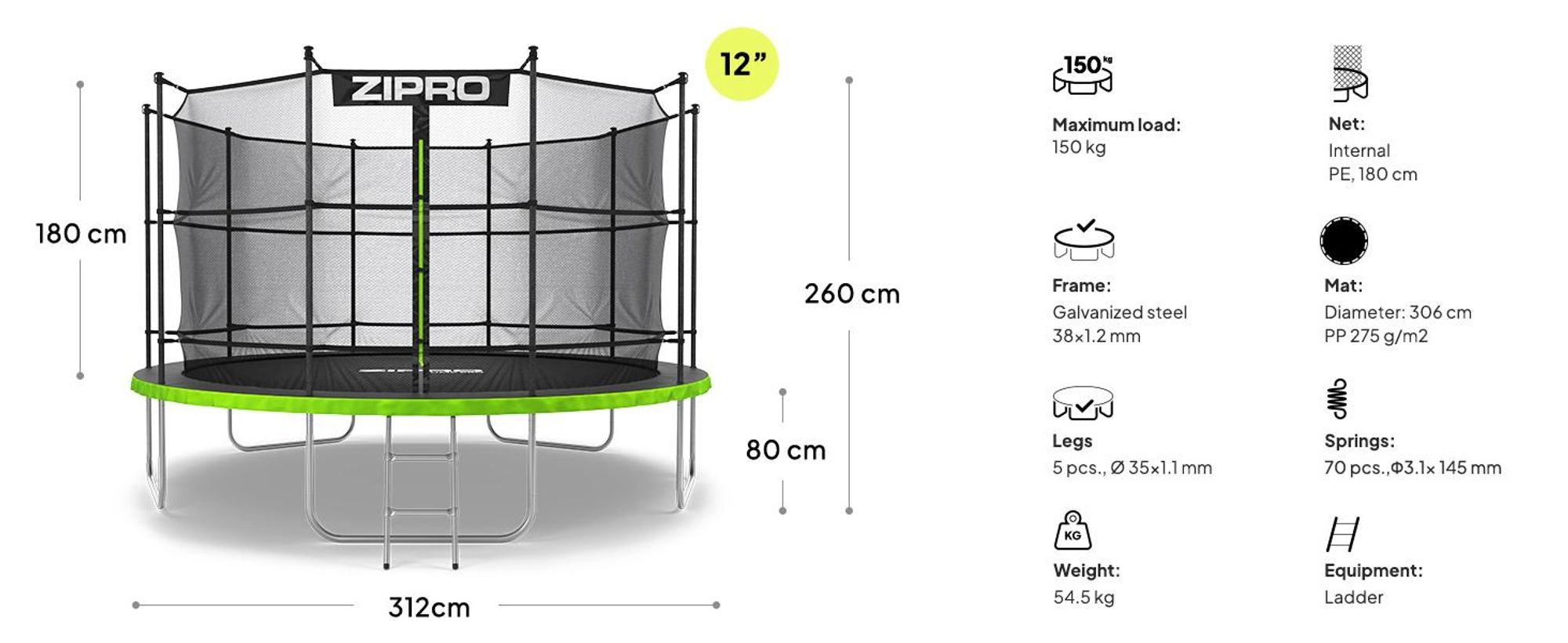ZIPRO trampolína Jump Pro IN | 12FT Ø 374 cm | Záhradná trampolína Detská trampolína Kompletná sada vrátane vnútornej siete, rebríka a okrajového krytu, vonkajšia, zelená