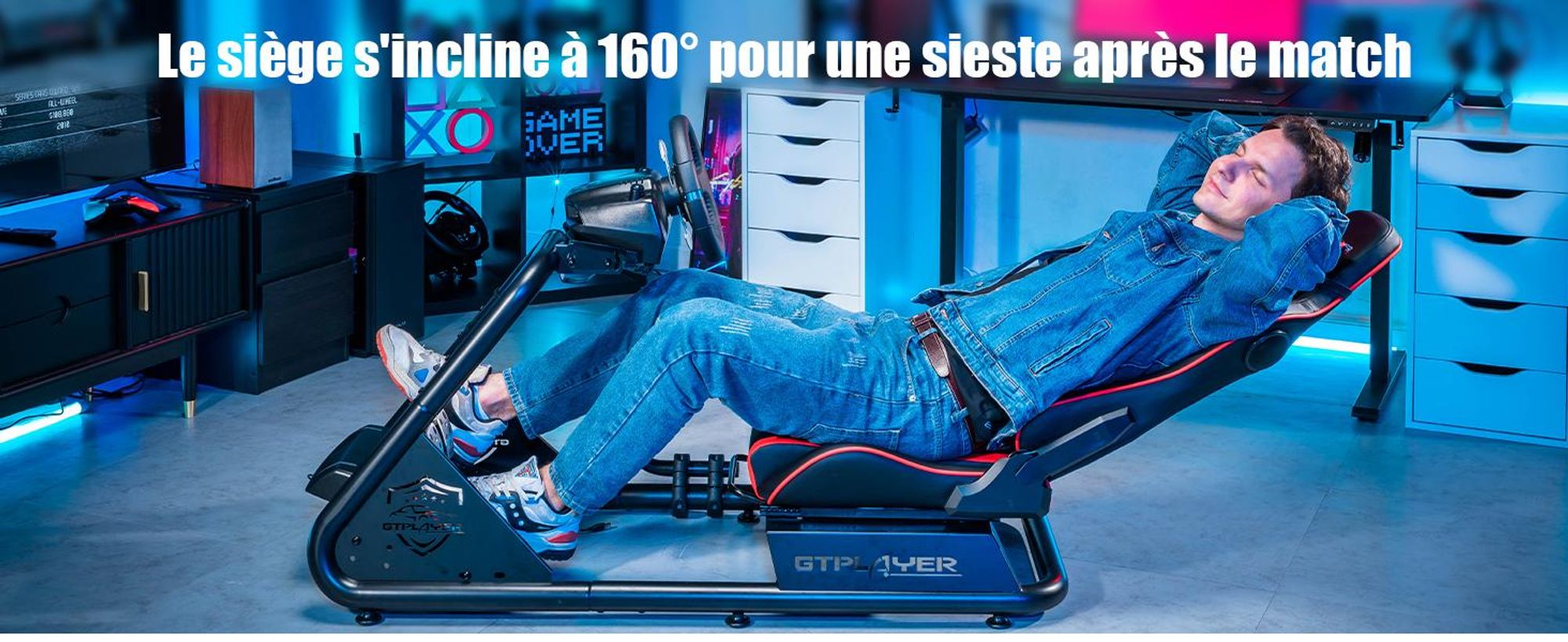 GTPLAYER simulateur de cockpit, SIM racing cockpit, simulateur de course support de volant fauteuil gaming racing wheel stand avec haut-parleur bluetooth et repose pédale
