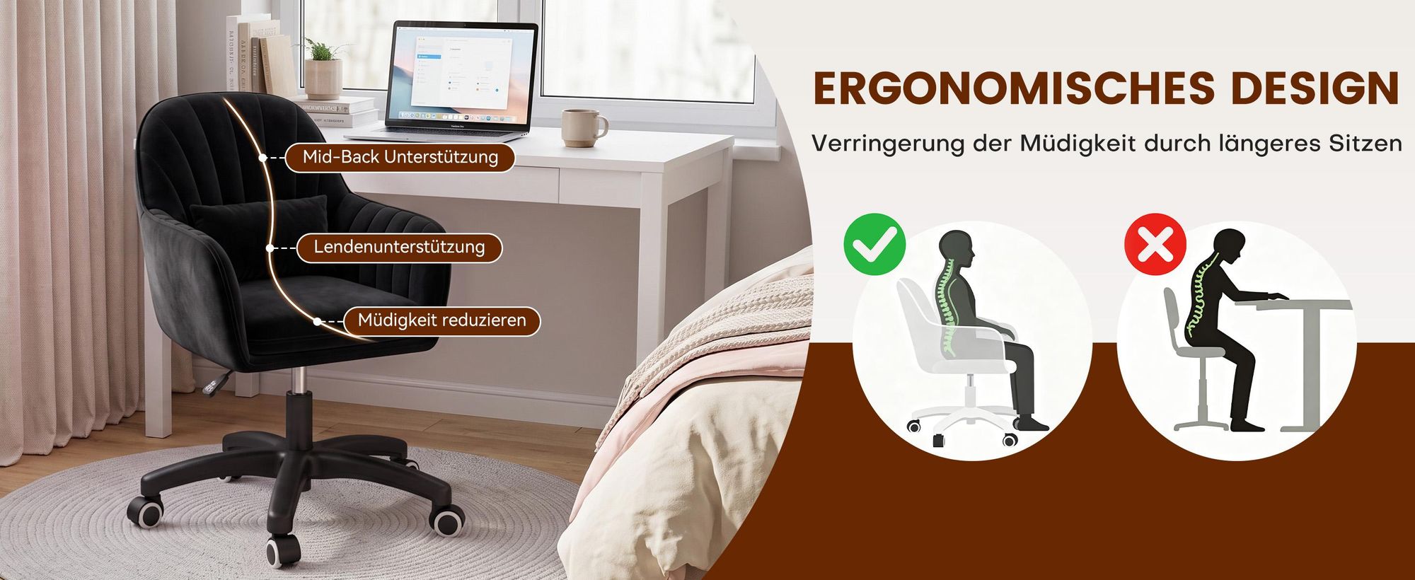 Hawthyhome Homeoffice Stuhl aus Samt mit Kopfkissen Drehbarer Höhenverstellbarer Bürostuhl ergonomisch Schwarz