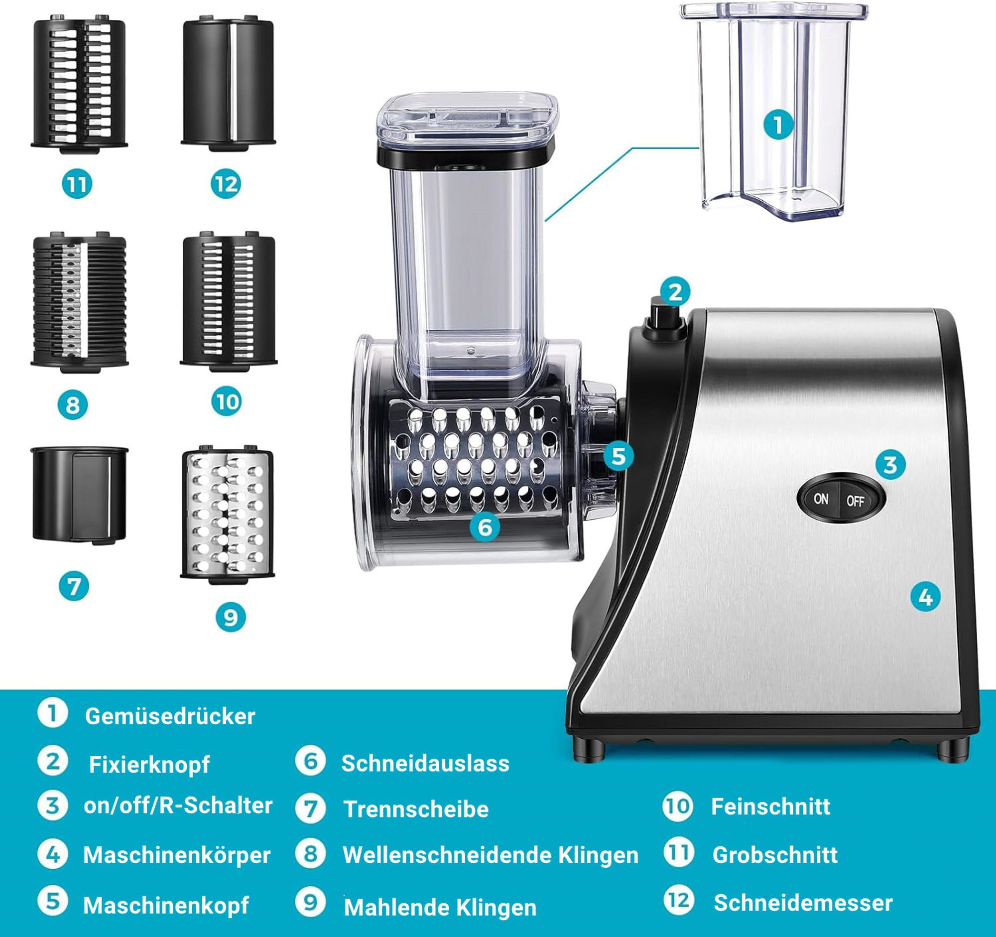 5 in 1 Elektrischer Gemüsehobel, 550W Automatisch Gemüseschneider mit großer Schneidtülle, 5 Kegel-Klingen, Edelstahl Multifunktionsreibe Gemüse Raspe