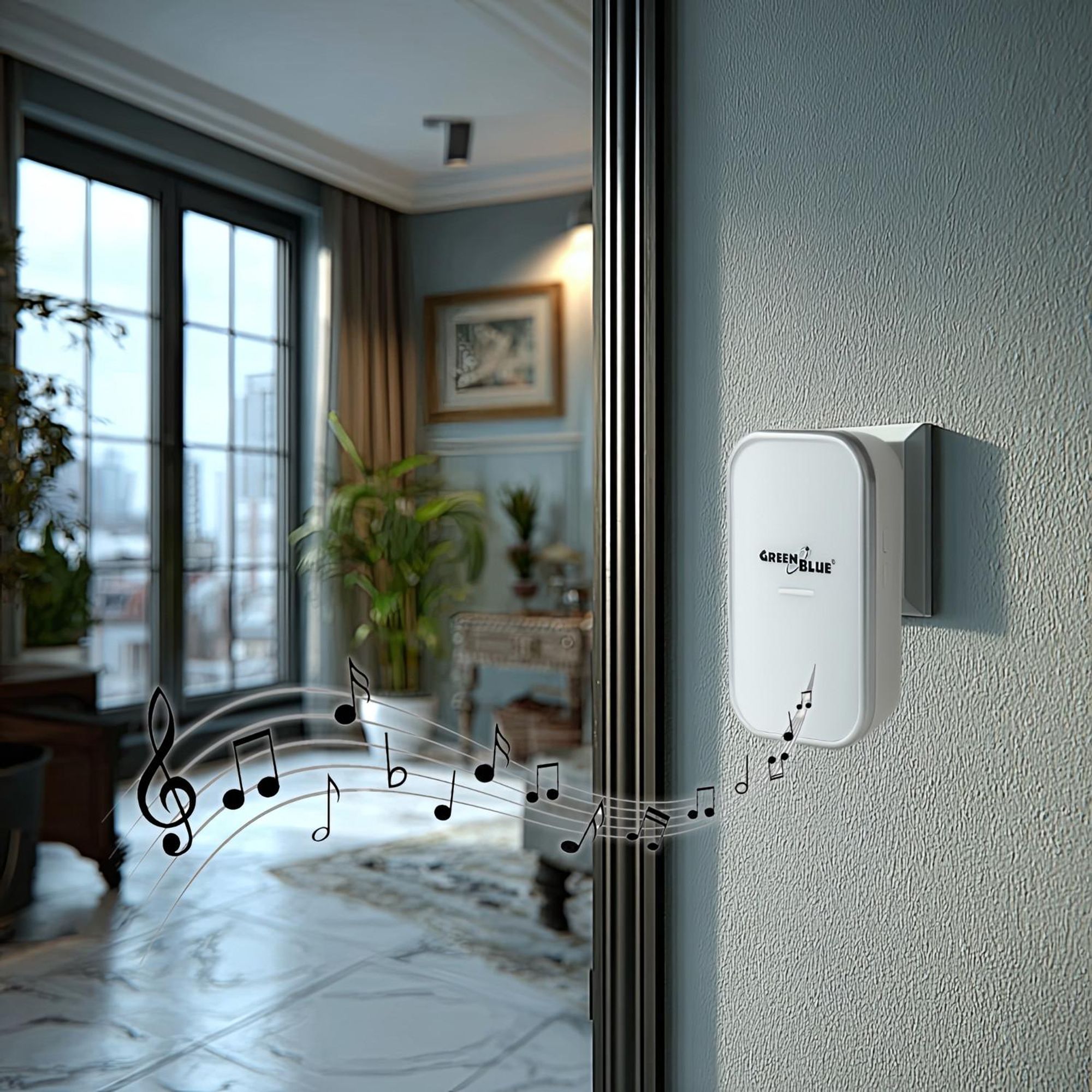 Kabellose Türklingel Kabelloses, batterieloses, Kinetisches Klingelsystem mit 38 Melodien, Reichweite bis zu 200 m, IP44 (1x Steckdosen-Empfänger + 1x