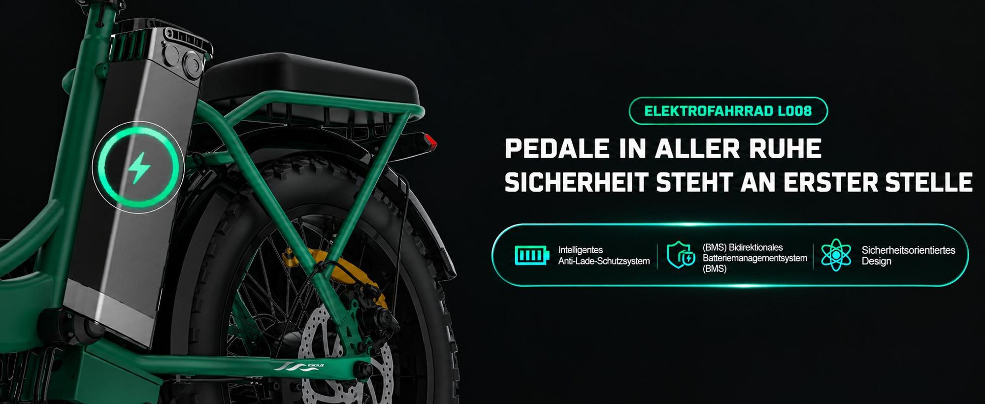 Runetic E-Bike, Foldable E-Bike, 36 V 13 Ah Akku bis zu 100 km, 20 x 3,0 Zoll, SHIMANO 7-Gang, 250 W Motor & 25 km/h - Grün