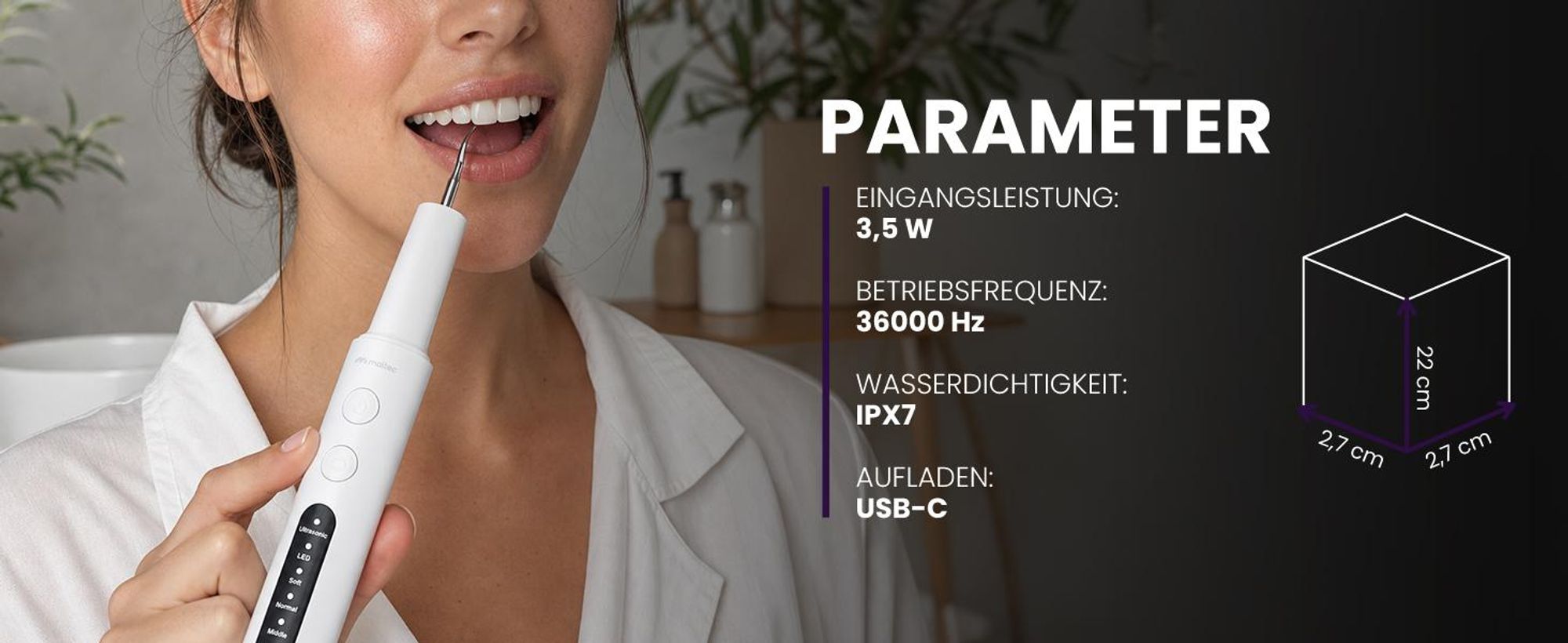 Zahnsteinentferner Ultraschall MalTec Zahnreinigung Set 36.000 Hz, LED-Beleuchtung 4 Modi Akku 1200 mAh Zahnreiniger mit 4 Aufsätzen