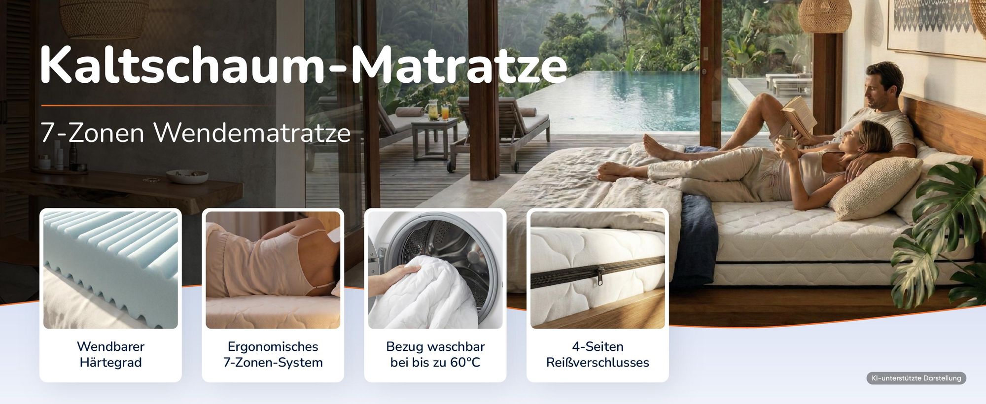 Paar auf einem Bett, daneben vier Merkmale: Wenden, Zonenschnitt, Bezugwaesche, Reissverschluss