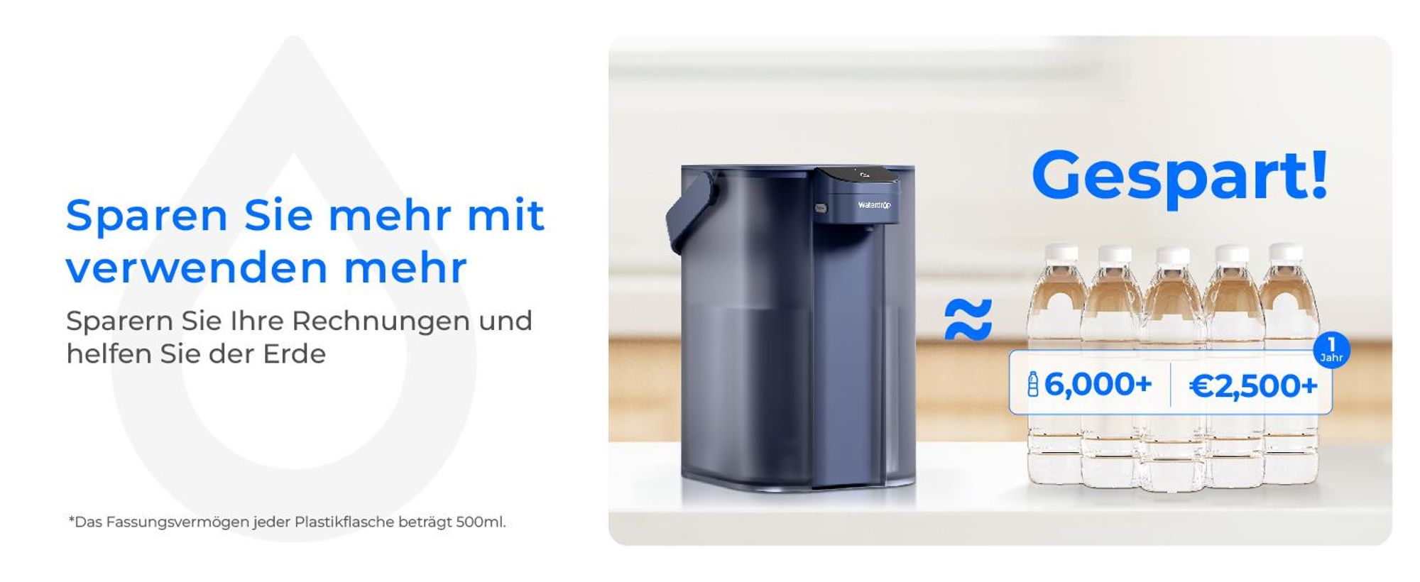 Waterdrop Instant Eletric Wasserfilter Kanne, 3.5L 3 Monate Wasserfilter Outdoor Trinkwasser System, Blau(mit 3 757 Liter Filter)