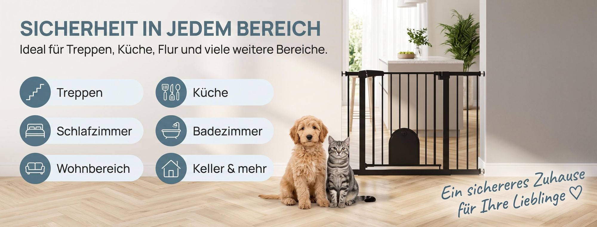 ROSEJANE Treppenschutzgitter ohne Bohren mit Katzenklappe, 75–85 cm, Weiß