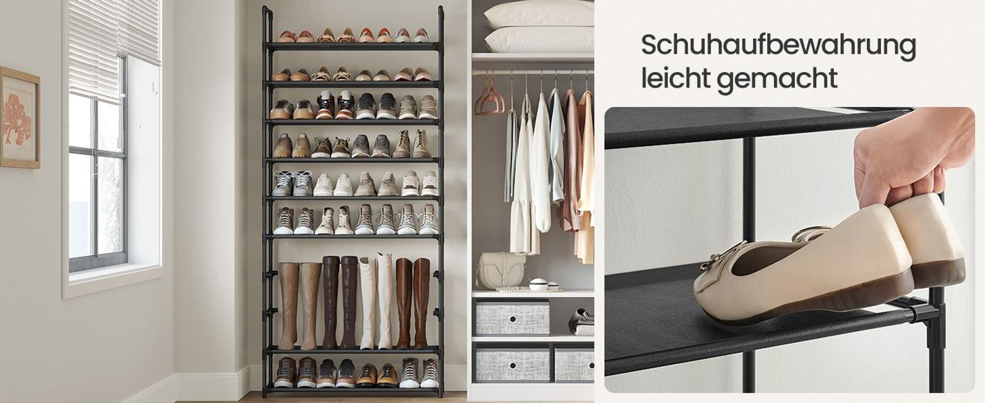 Schuhregal,10 Ebenen, Schuhablage, Schuhaufbewahrung, schmal, 28 x 83 x 173 cm, Metallgestell, Ablagen aus Vliesstoff, schwarz