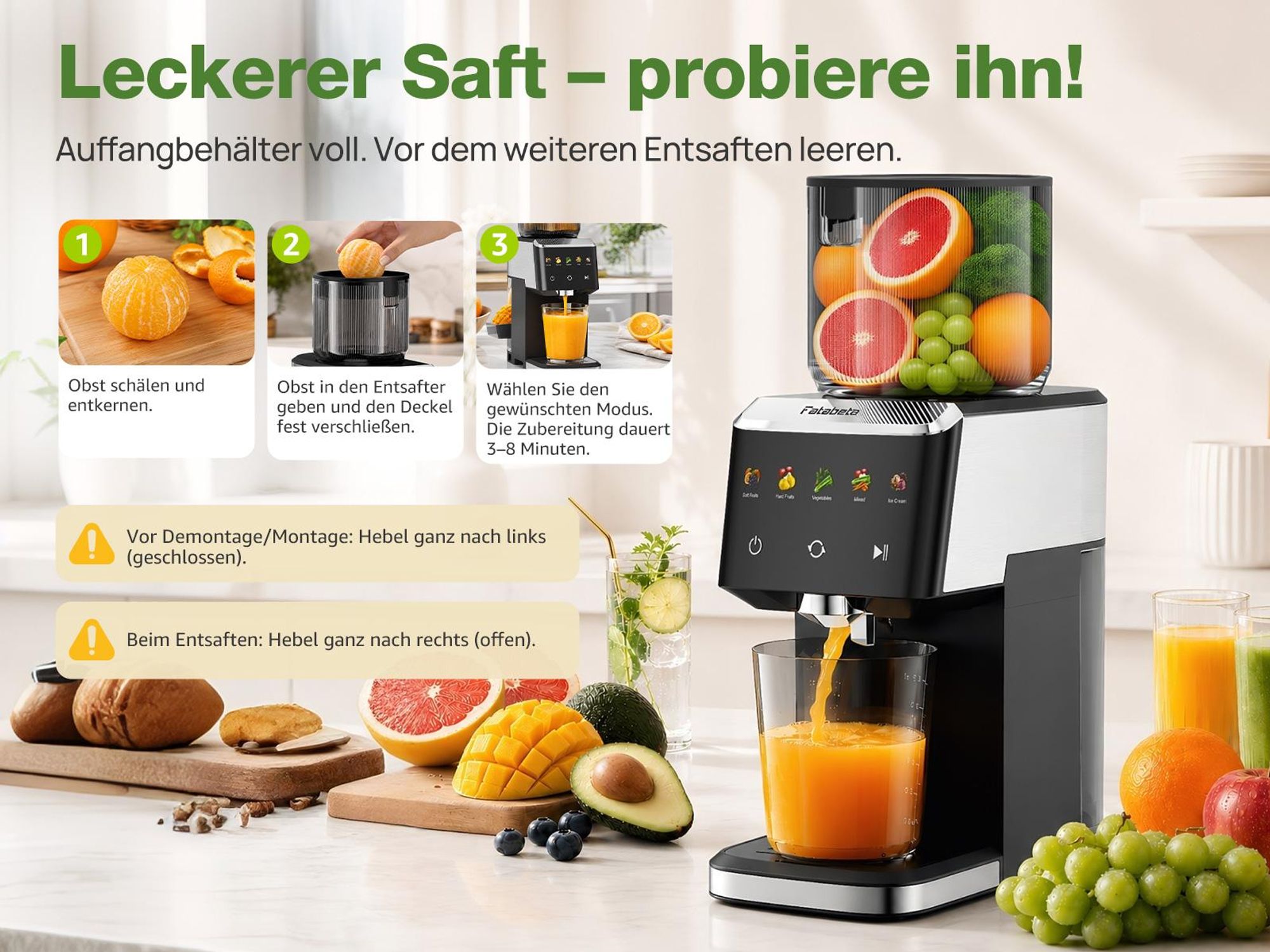 FATABETA Entsafter Slow Juicer 135 mm Große Öffnung elektrisch entsafter für Gemüse und Obst 1,6 L Füllvolumen mit 2 Gläsern, Elektrische Saftpresse