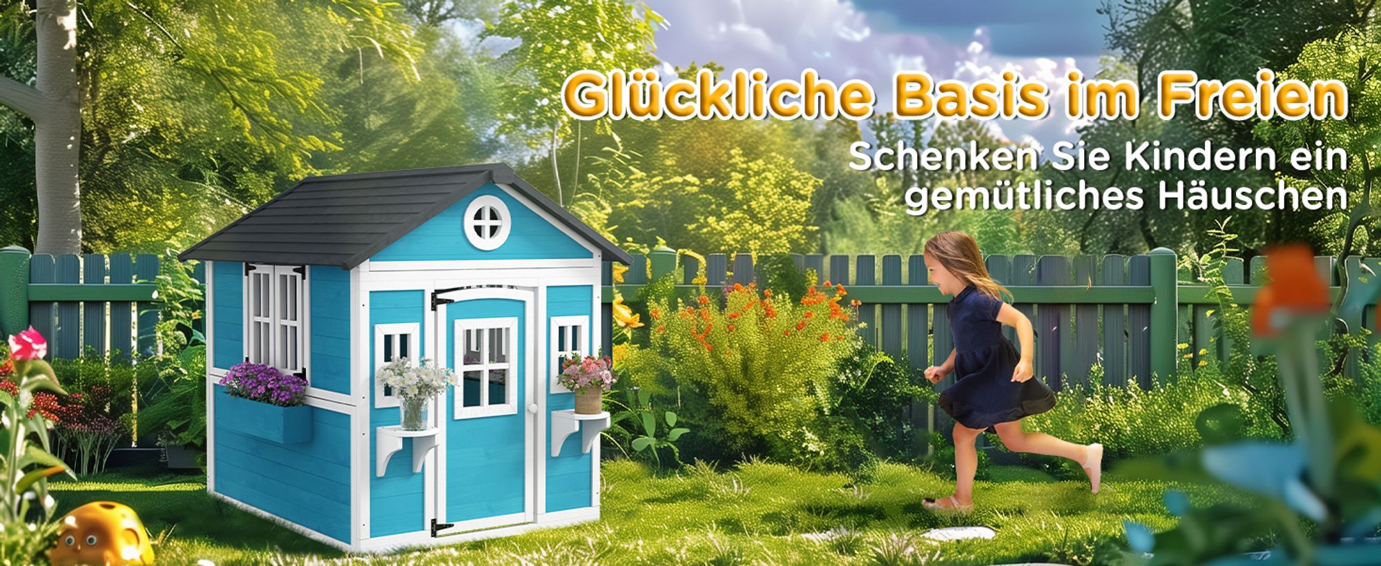 Outsunny Kinderspielhaus aus Holz mit Fenster Blumenregal Pflanzenkasten und Tür