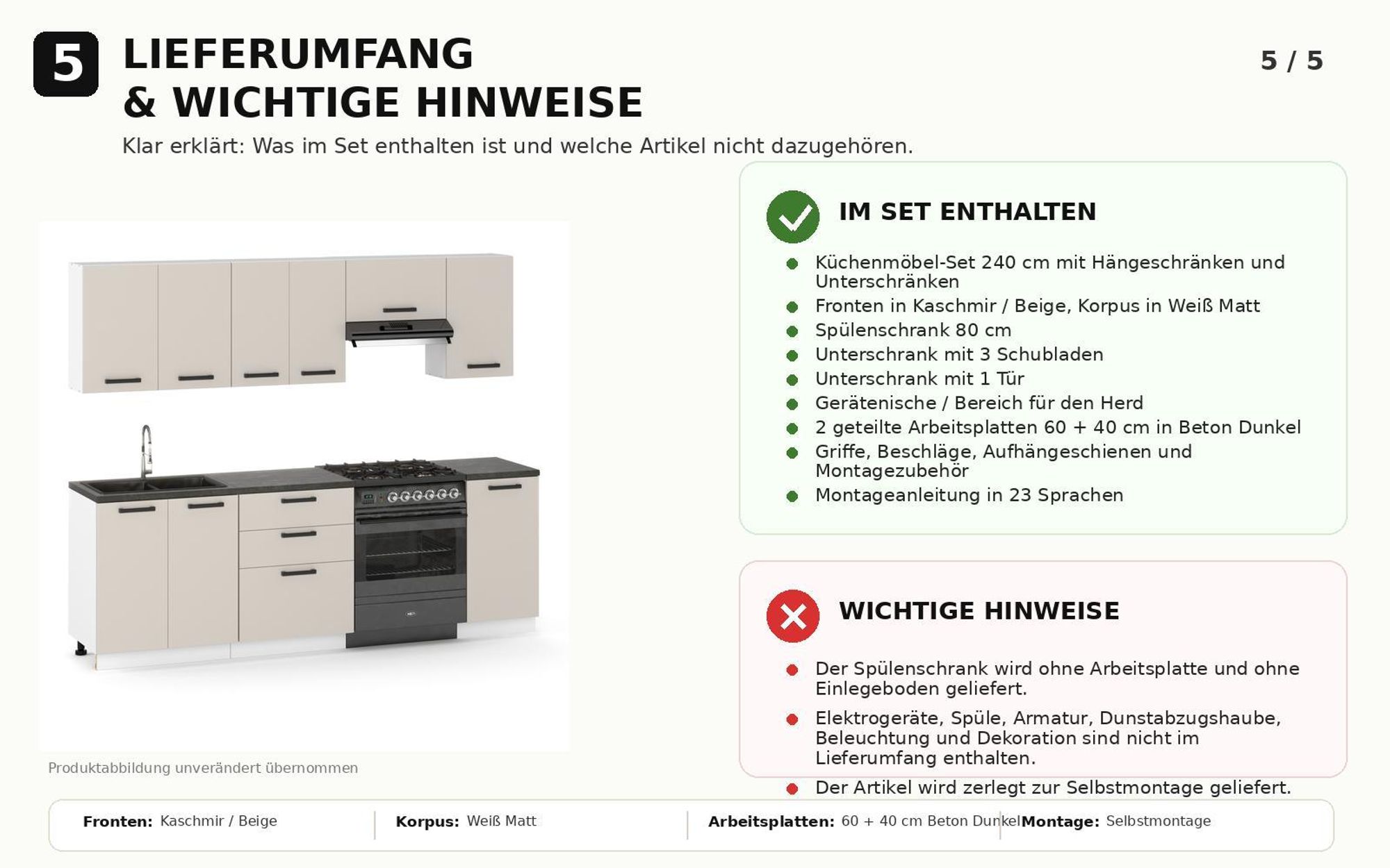 Lieferumfang der 240 cm Küchenzeile in Kaschmir-Beige mit wichtigen Hinweisen.