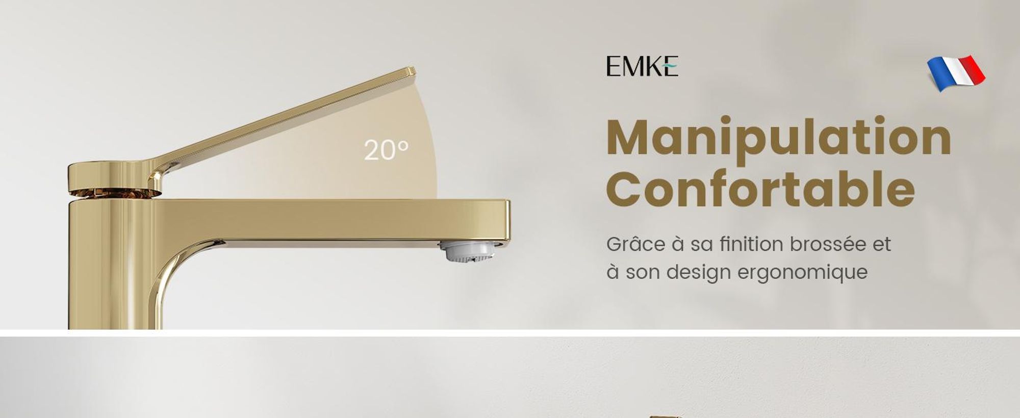 EMKE Robinet de salle de bain champagne-or 195x173x46mm, laiton, cartouche céramique, robinet de salle de bain, mitigeur de lavabo, mitigeur de lavabo