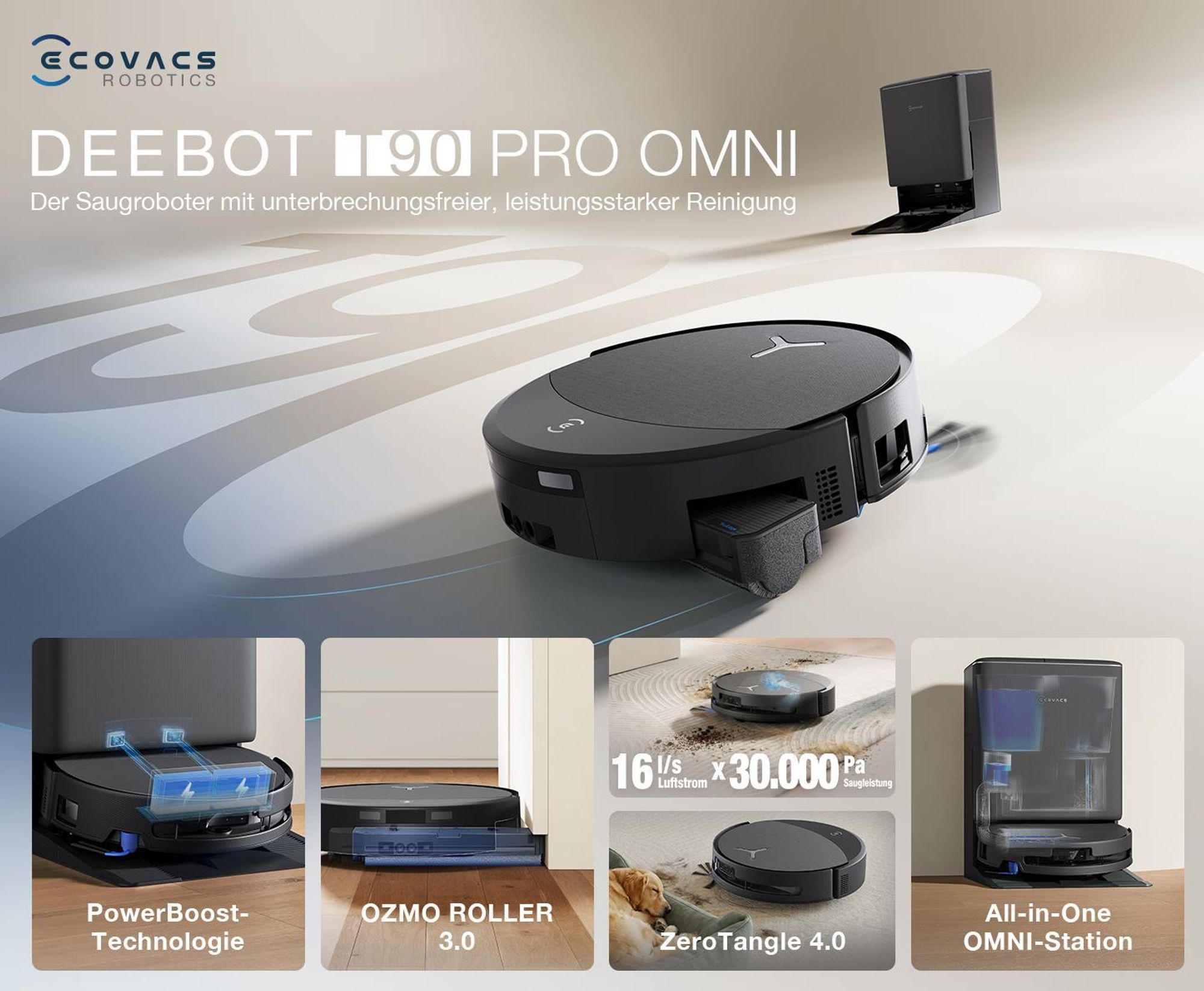 ECOVACS DEEBOT T90 PRO Omni 30.000Pa Saugroboter mit 2pcs Original-Reinigungslösung, Staubsauger Roboter mit Wischfunktion, Schwarz