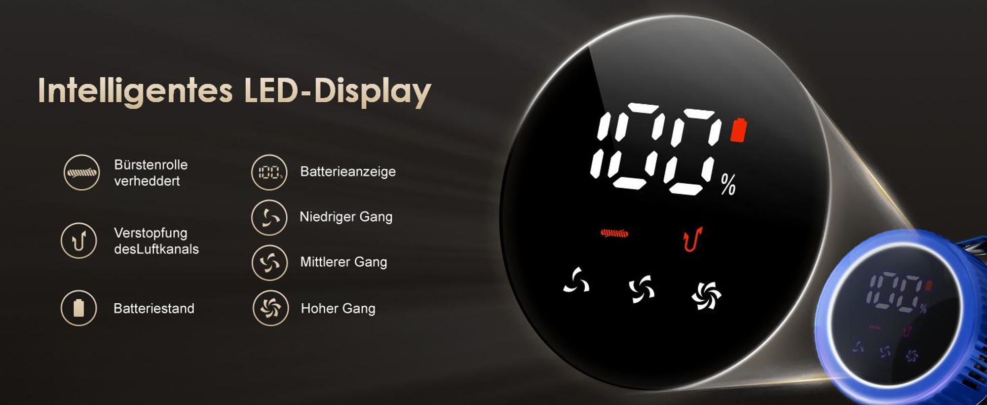 Aiibot Akku Staubsauger, 85000Pa/80Mins/750W Staubsauger Kabellos mit Smart Display , 50dB Ultraleiser Staubsauger mit Anti-Tangle-Bürste, 3 Saugmodi