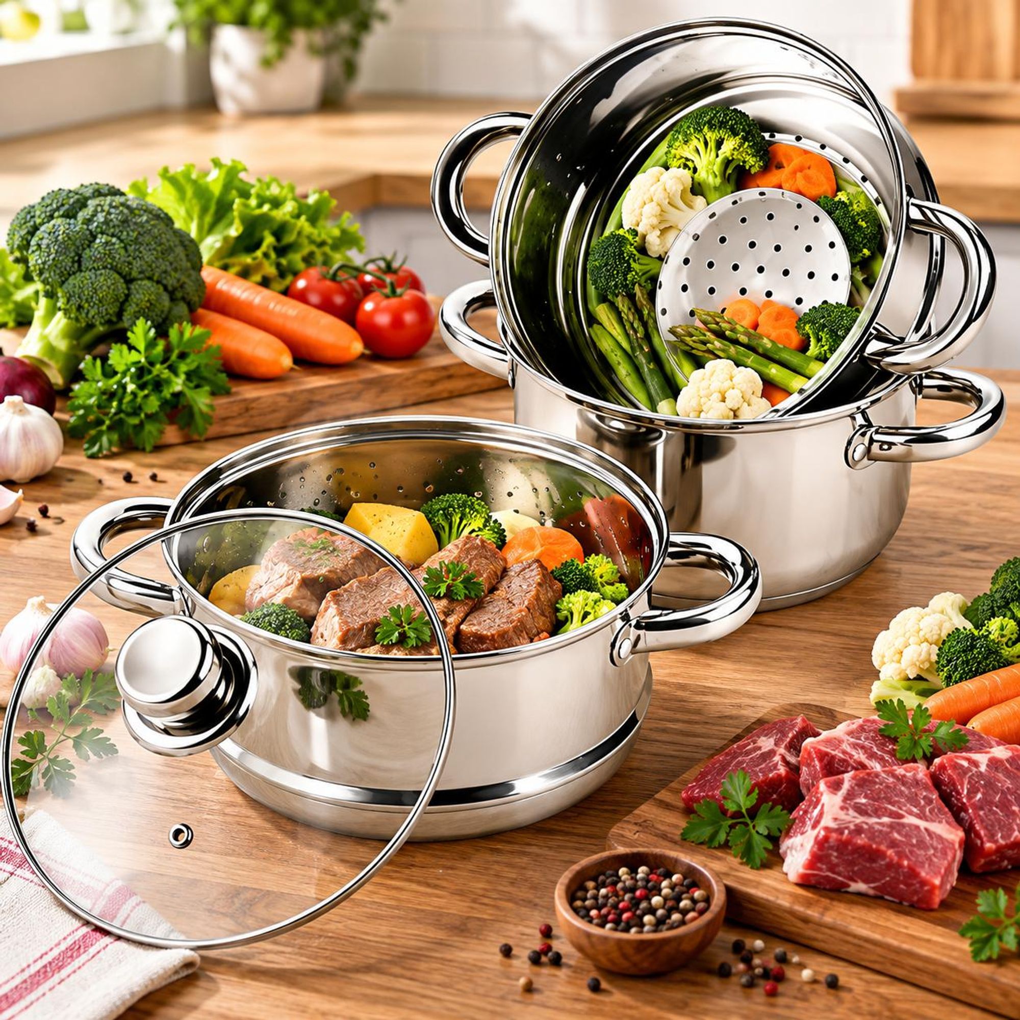 Dampfgarer 22 cm 3-teilig – Edelstahl – Glasdeckel – Induktion – Für alle Herdarten – Royal Swiss