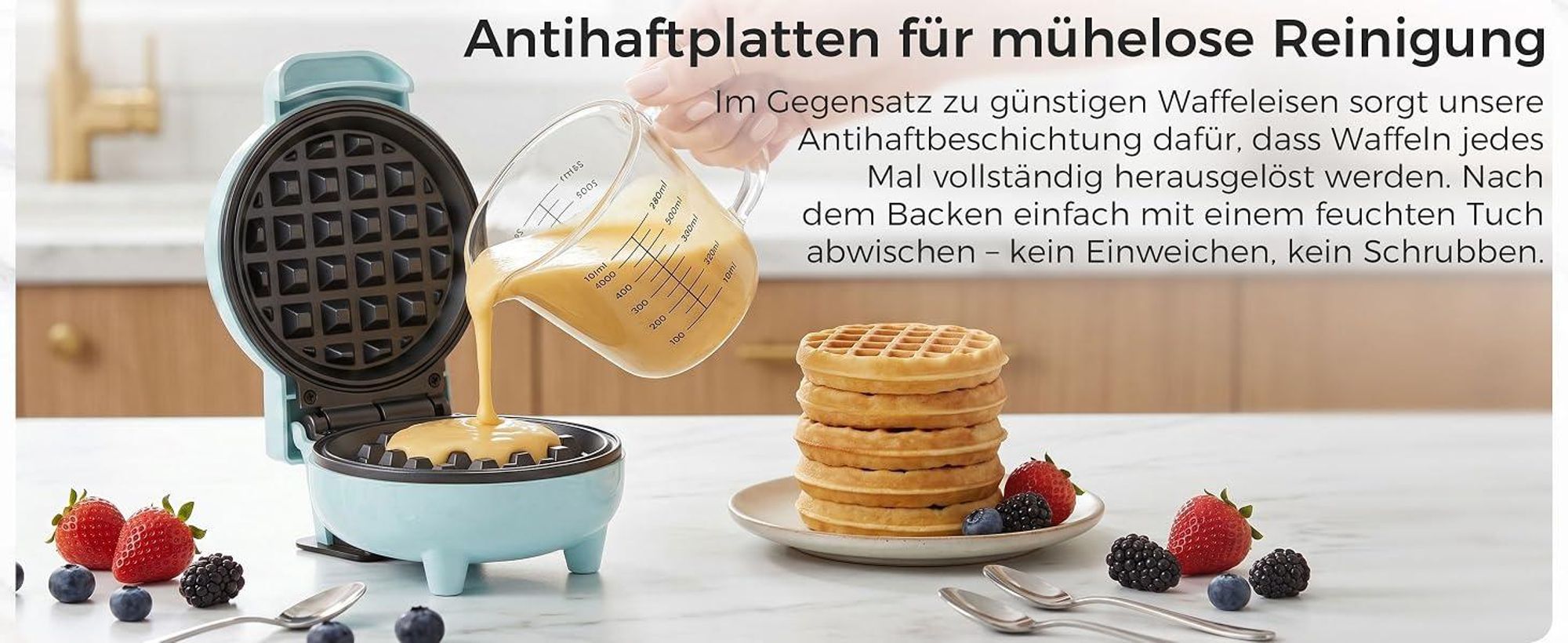 YASHE Mini-Waffeleisen ABW59C, 550 W, 10 cm, Antihaft, Kontrollleuchte, Blau