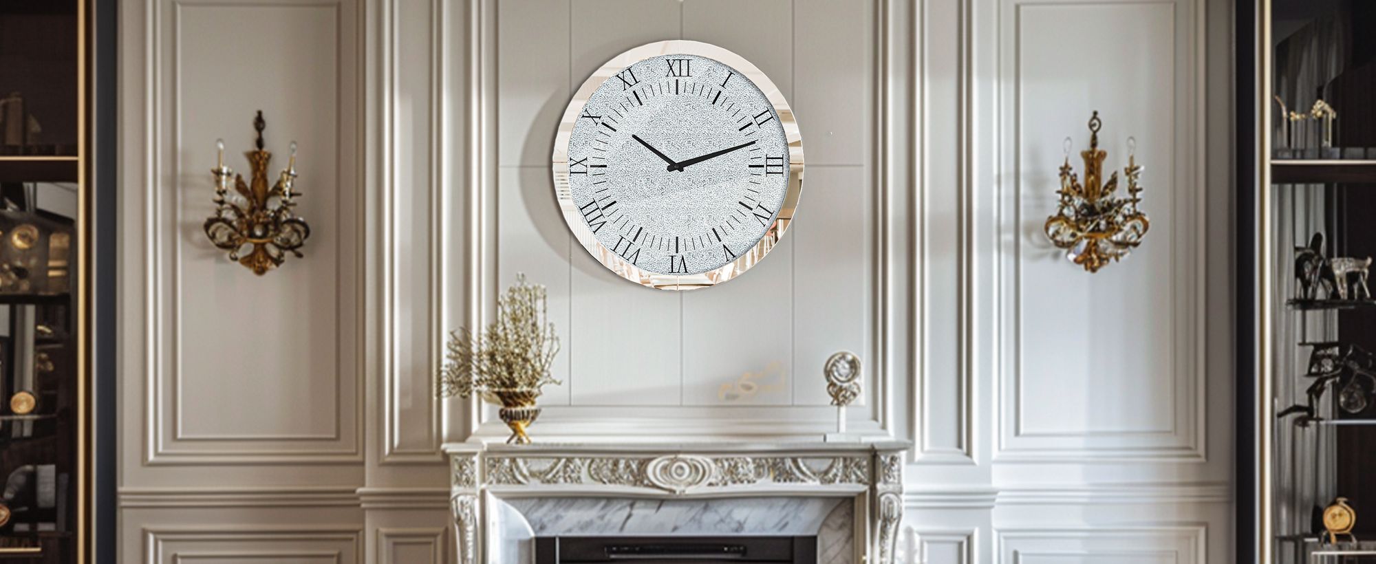 WISFOR Wanduhr 60 cm, rund Dekouhr, Atmosphera Küchenuhr Wohnzimmer Bürouhr, Leise Römischen Ziffernr, Glas, Silber