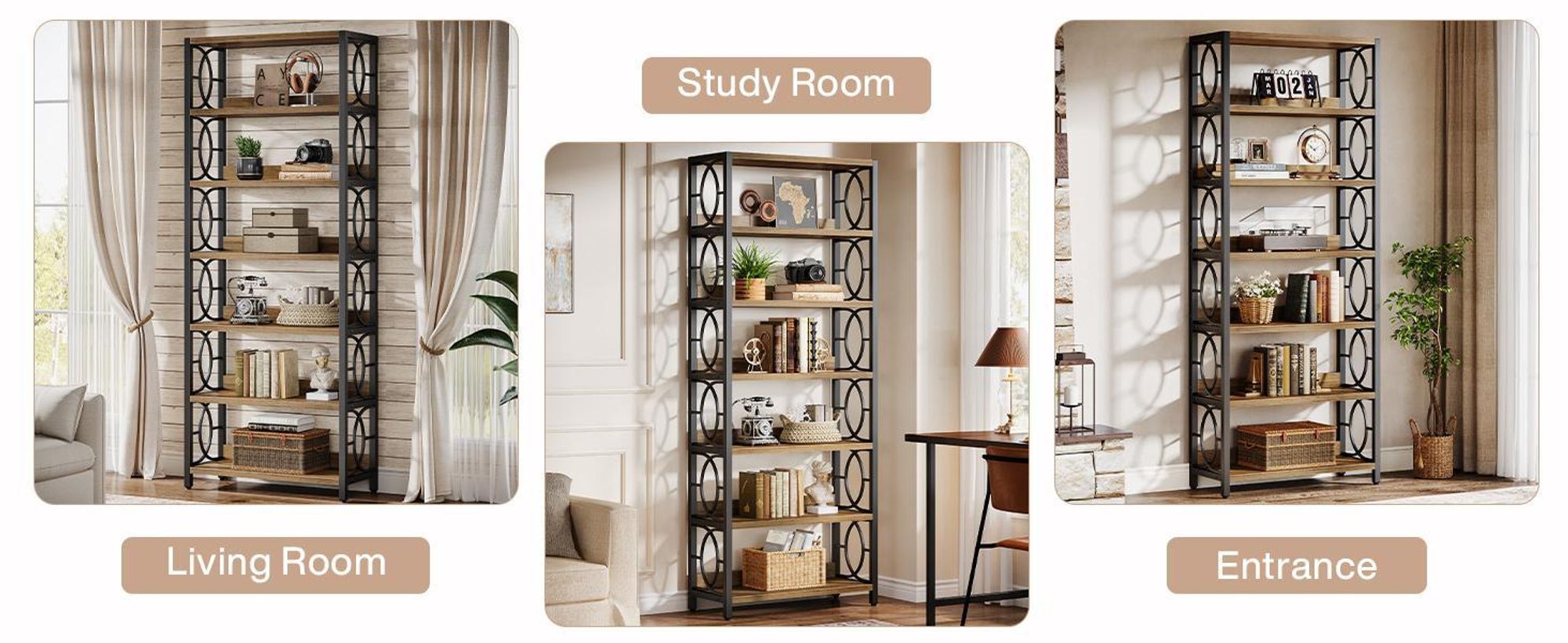 Libreria a 6 livelli Tribesigns, altezza 180 cm, stile industriale con struttura in metallo e ripiani aperti per l'ufficio di casa, marrone rustico