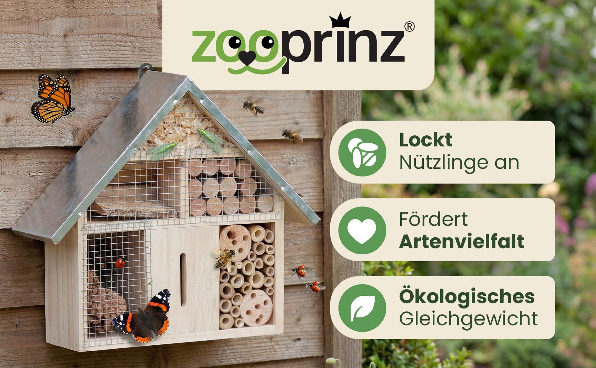 Insektenhotel Wetterfest Metalldach zooprinz | Massivholz | Aufhängbar | 31 x 50 cm | Bambus Holzspäne Holzlöcher Kiefernholz Tannenzapfen
