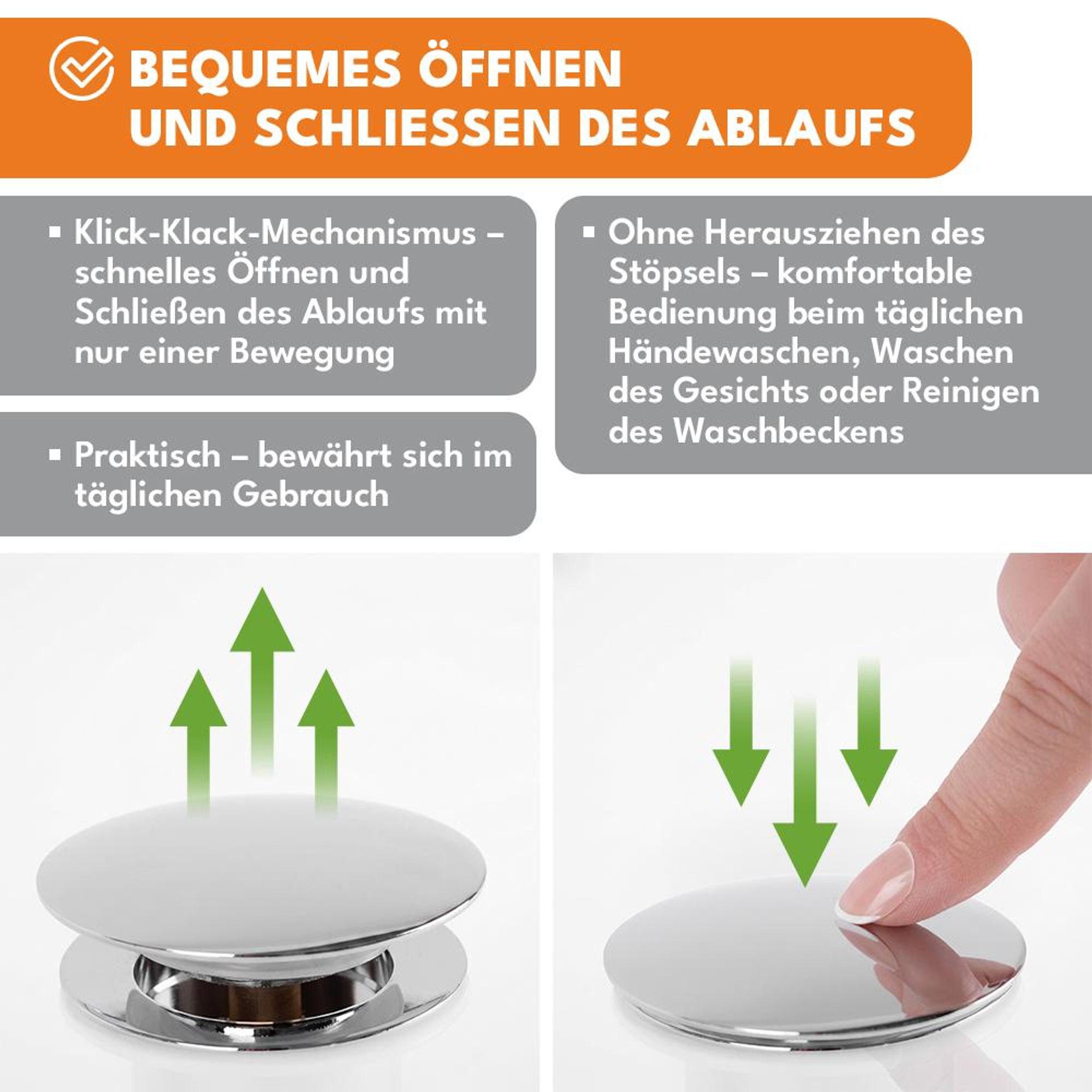 KRUMAD 2-er Set Pop Up Ablaufgarnitur für Waschbecken 40,5 mm, Waschbeckenstöpsel mit Überlauf, Abflussstopfen Chrom für Waschtisch