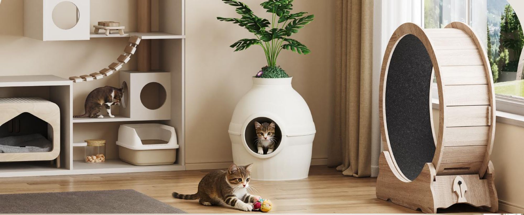 Mondeer 2-in-1 Katzentoilette & Schlafhöhle mit Deko-Pflanze, individuell gestaltbar, belüftet – inkl. Katzenangel und Schaufel Weiß