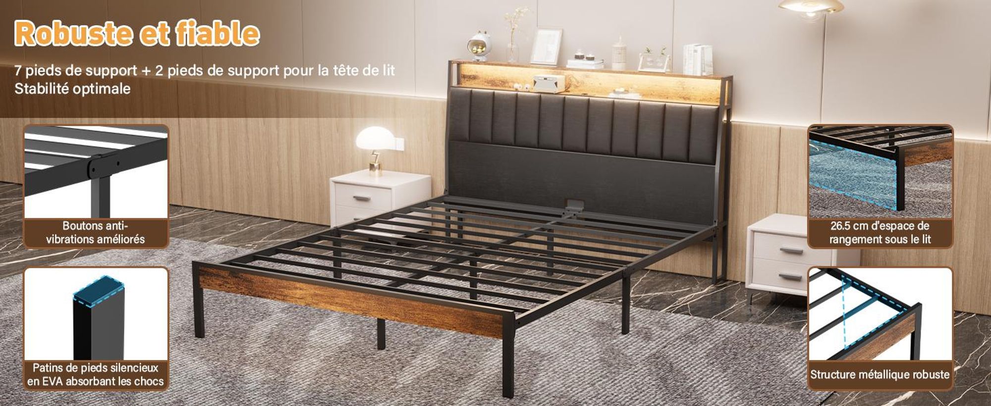 DEWINNER Cadre de lit 160 x 200 avec Sommier en métal, lit 2 Personnes, avec lumières LED et Prises Multiples (1 Prise AC, 2 Ports USB), avec casier