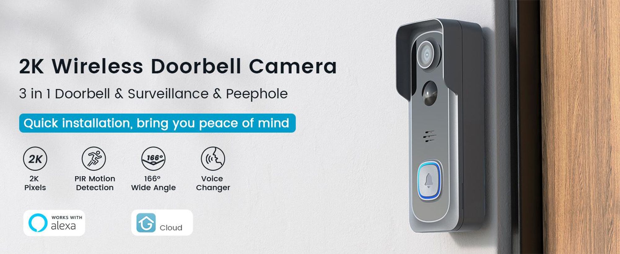 2K Video-Türklingel mit Kamera Kabellos, IP66 Wasserdicht, Intelligente AI Bewegungserkennung, Nachtsicht, Keine Abokosten 64GB