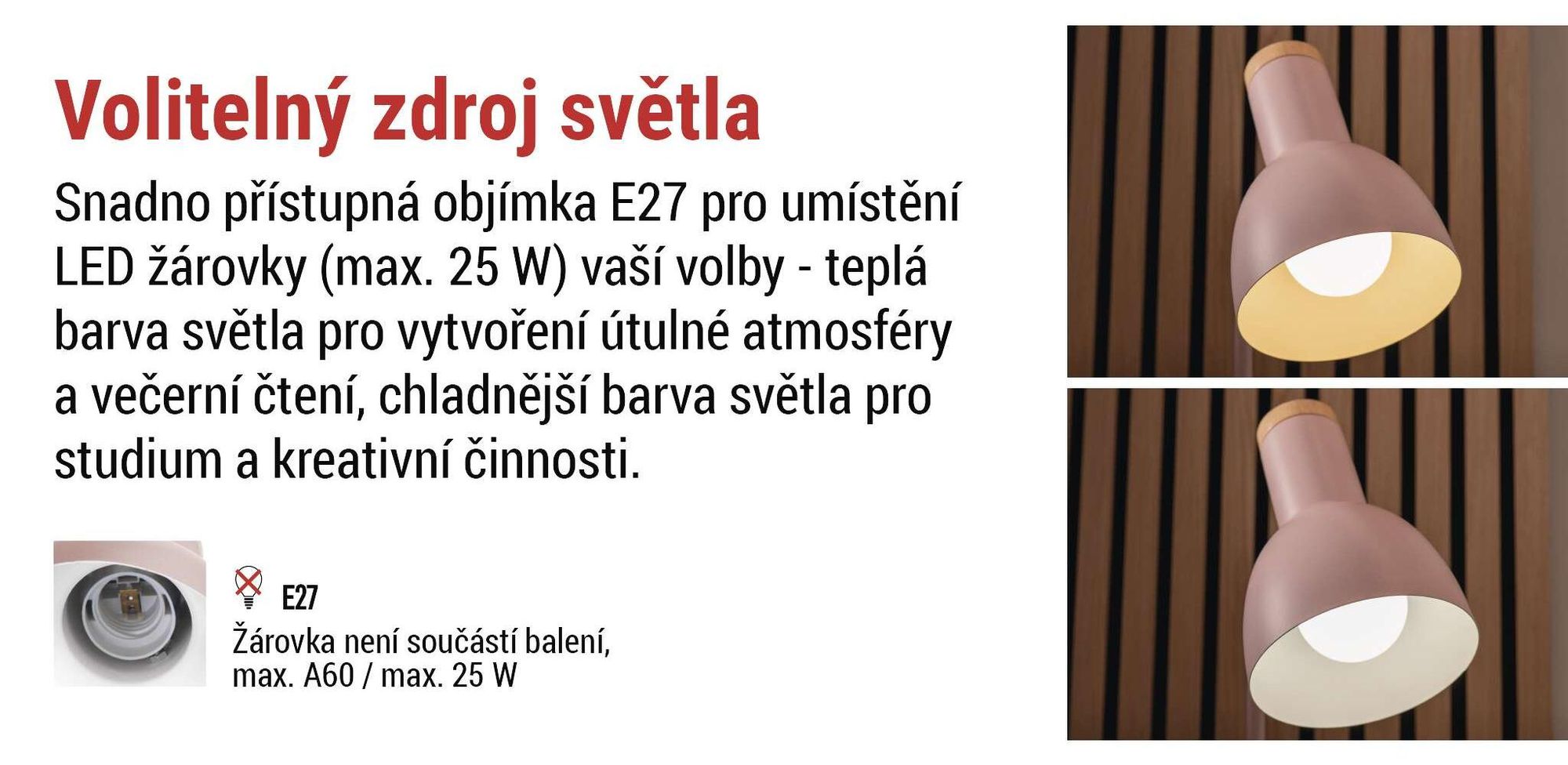 EMOS LED stolní lampa POPPY se stojanem na propisky, závit E27, kabel 1,5 m s vypínačem a eurozástrčkou, bez žárovky, E27 max. 25 W, růžová, Z7640P