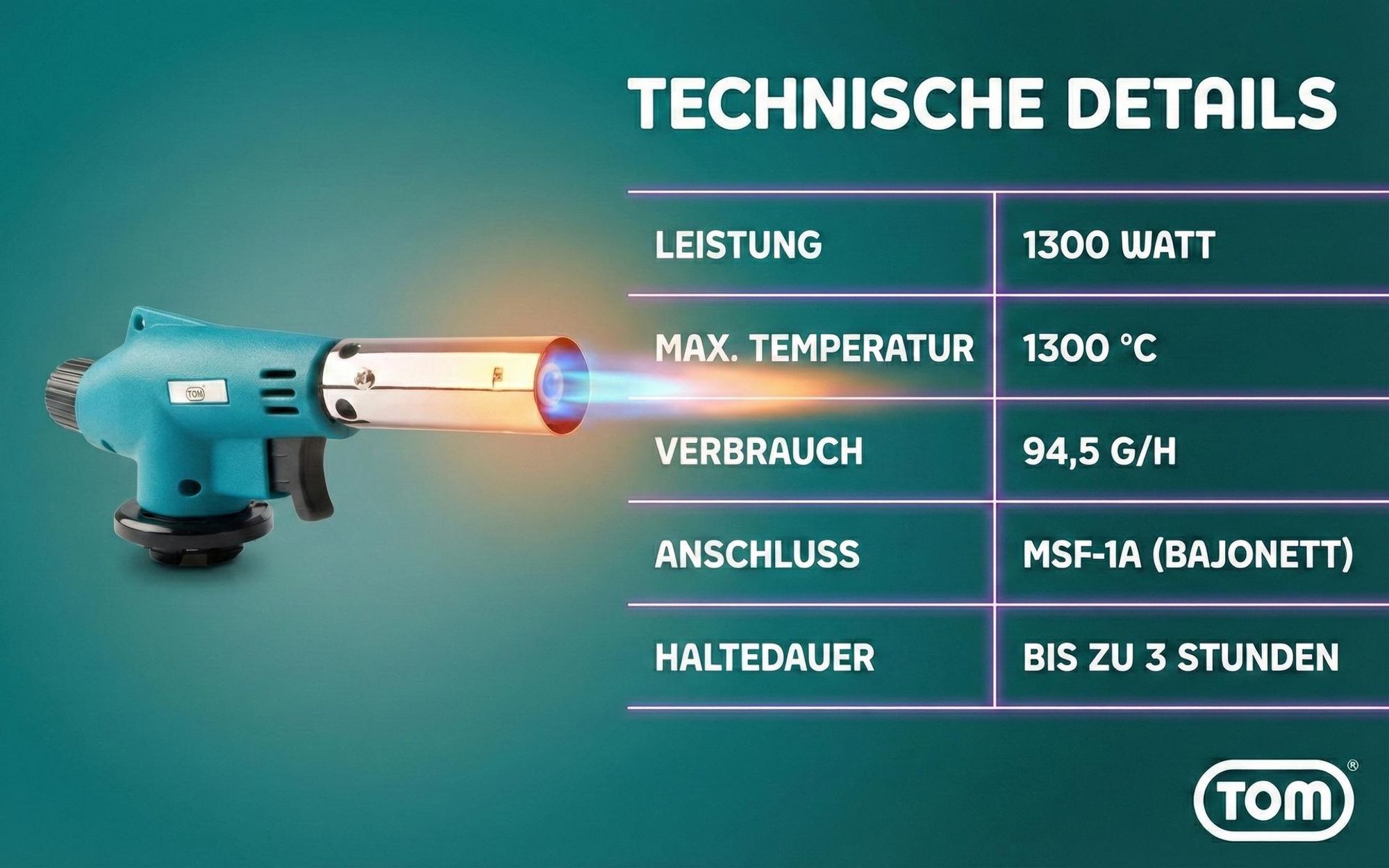 Lötbrenner Gasbrenner Bunsenbrenner Brenner |TOM GB-227 | 1300W | 94,5 g/h | Piezozündung