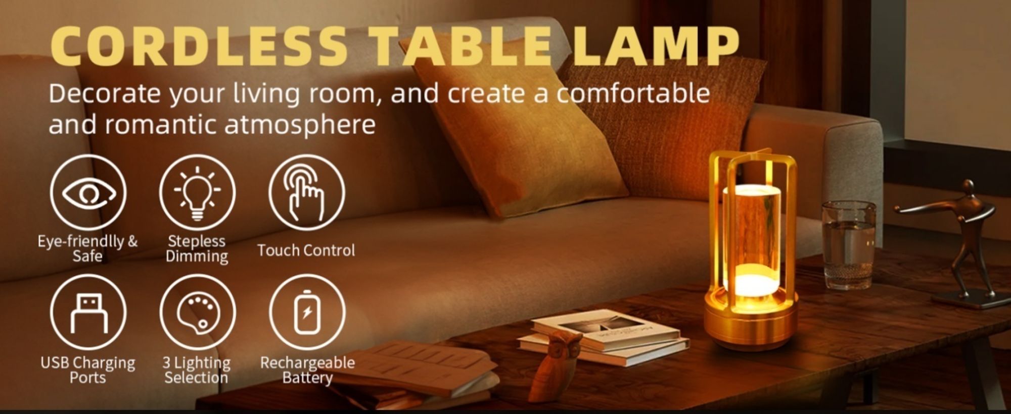 Tragbare Innen-/Außentischlampe aus Metall, kabellose wiederaufladbare LED-Lampe, 3 Farben stufenlos dimmbar, Beleuchtung für Restaurant/Schlafzimmer
