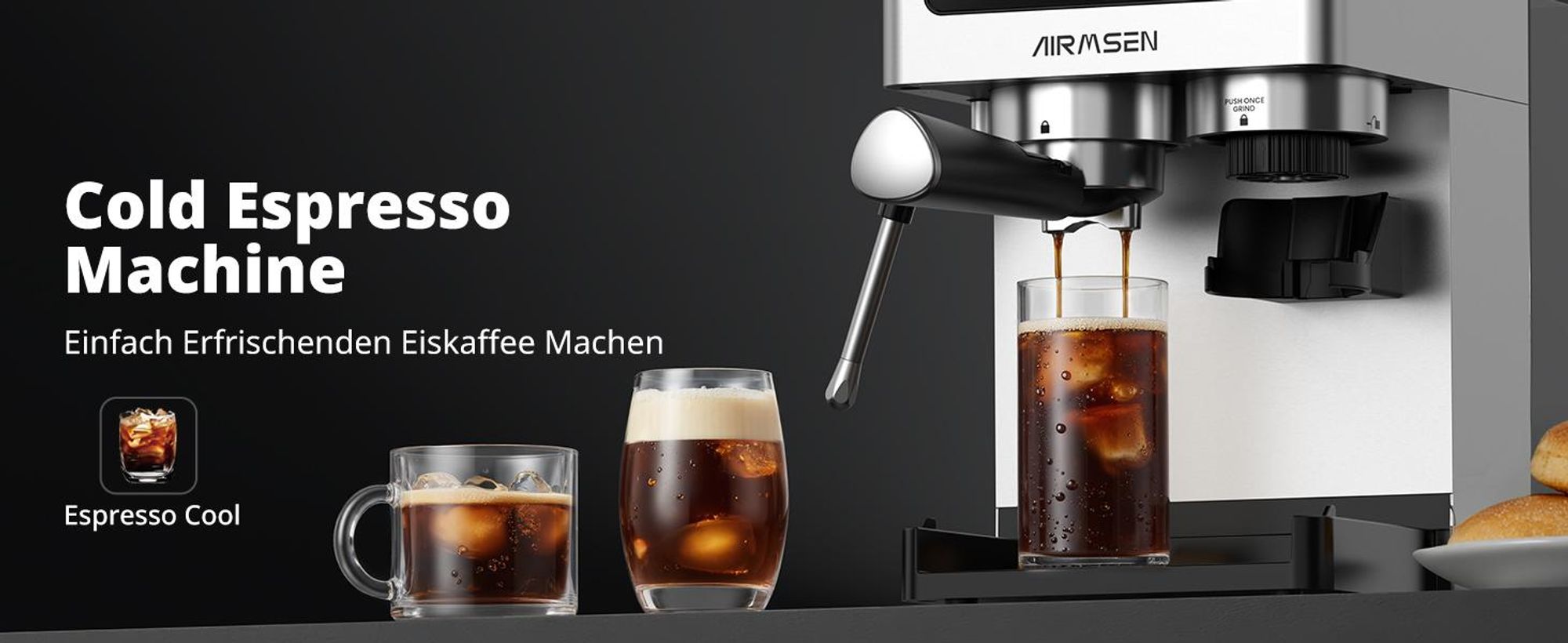 AIRMSEN Espressomaschine mit integriertem Mahlwerk, 20 Bar, Kaltbrühfunktion, individuell einstellbare Mahlgeschwindigkeit und Kaffeeflussmenge