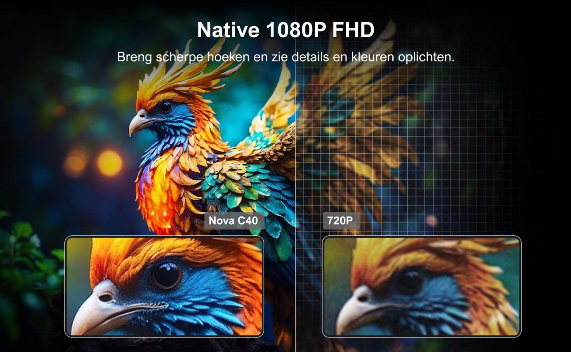 ULTIMEA Nova C40 beamer met 4K-decodering en Android TV 11.0. Beamer met een contrastratio van 1000:1, Dolby Audio, 600 ANSI lumen, HDR10 & HLG, en een 90° gimbal ontwerp zonder statief nodig