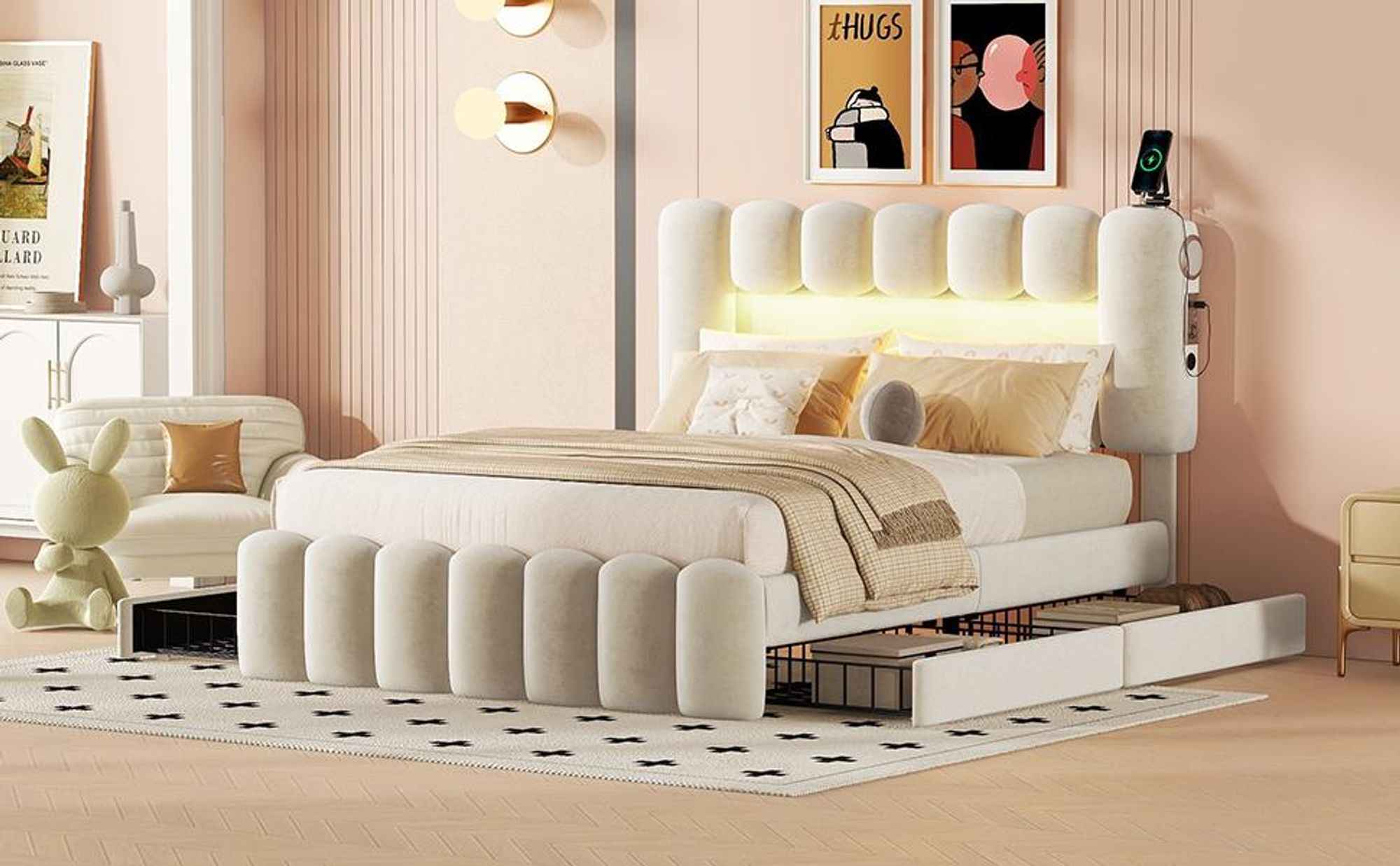 Merax Polsterbett 140x200cm mit LED, USB und Stereoanlage, Doppelbett mit höhenverstellbarem Kopfteil und 4 Schubladen, Samt Funktionsbett Stauraumbett