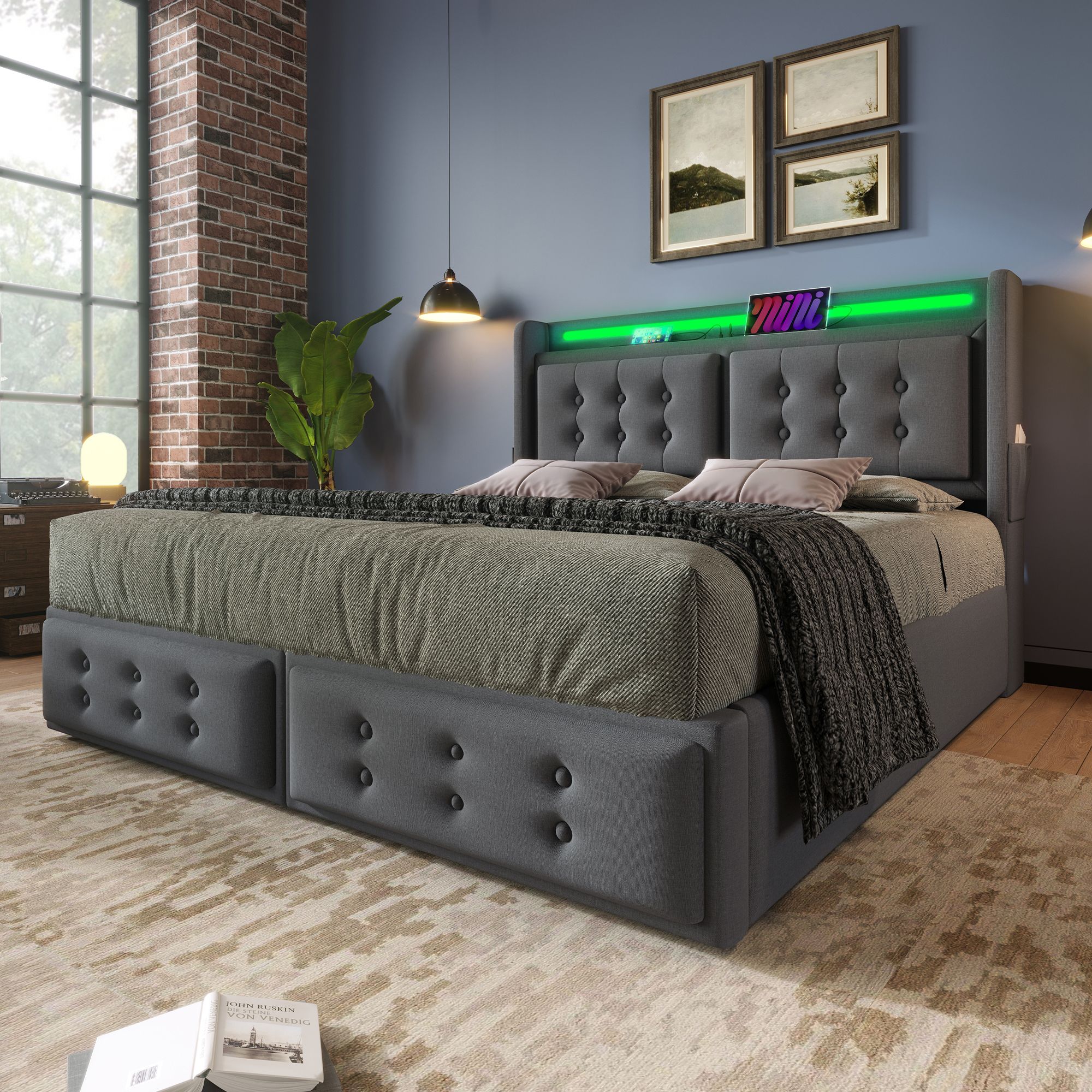 Flieks Polsterbett 140x200cm mit Ladefunktion, Doppelbett Jugendbett mit LED, Hydraulisches Stauraumbett Boxspringbett mit Lattenrost, Baumwolle, Grau