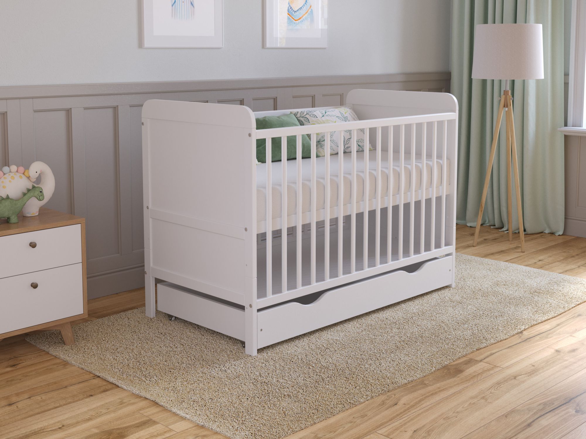 Babybett Beistellbett 120x60 cm mit Schublade & Matratze - Kinderbett Gitterbett Baby Bett Holz Weiß,Umwandelbar in Juniorbett