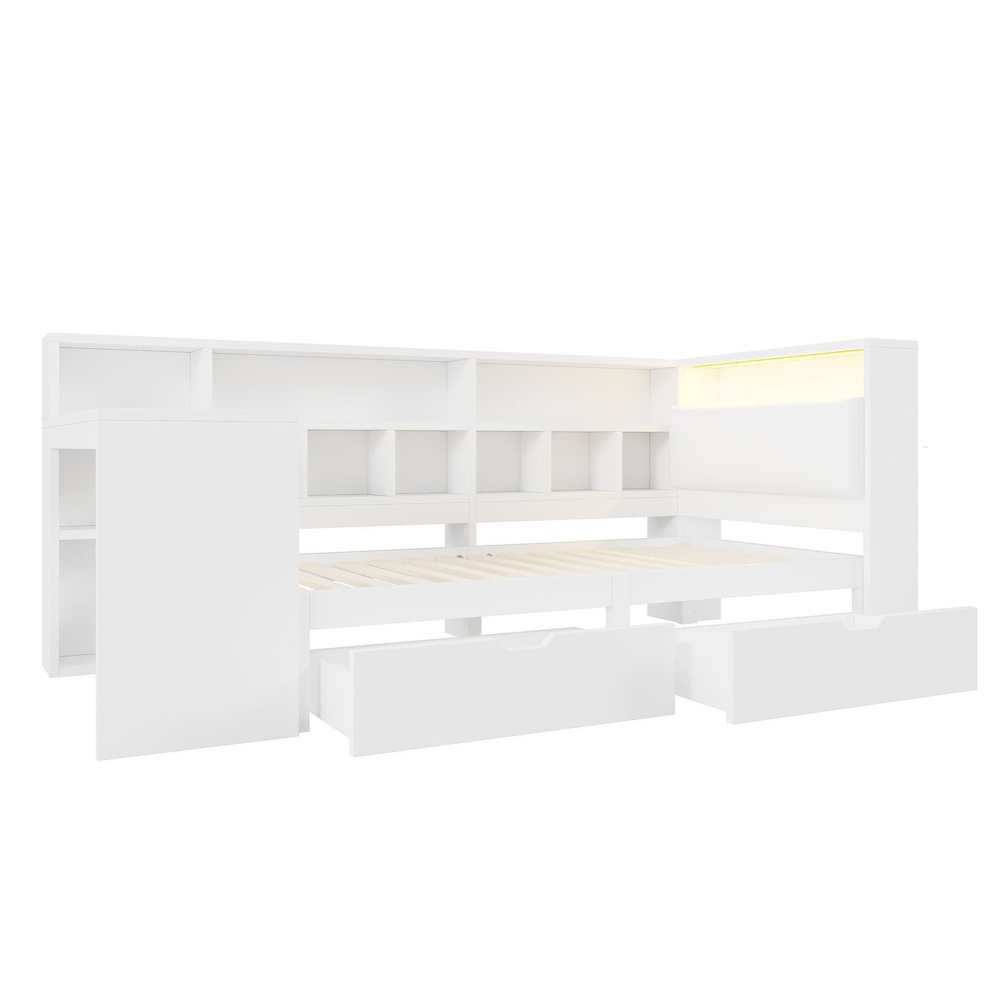 Merax Schlafsofa Tagesbett  90x200 cm mit Steckdosen, LED, 2 Schubladen, Schreibtisch, Bücherregal, Gepolstertes Kopfteil, Kinderbett, Holzbett, Weiß
