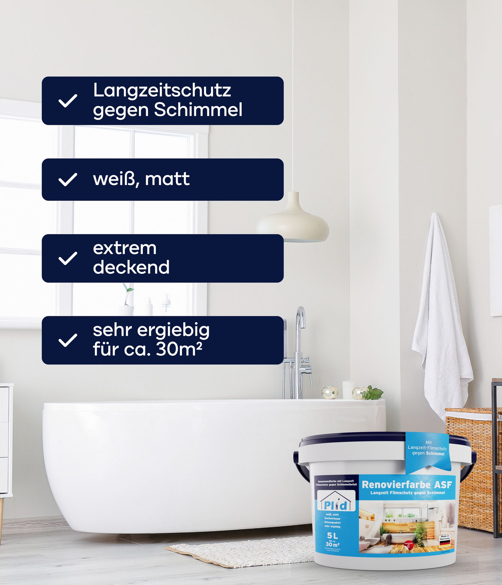 Anti Schimmel Renovierfarbe Weiß 5l inkl. Anti-Schimmelspray für ca. 30m² [DAUERHAFTER SCHIMMELSCHUTZ] - Innenfarbe für feuchte Räume, Bad & Küche