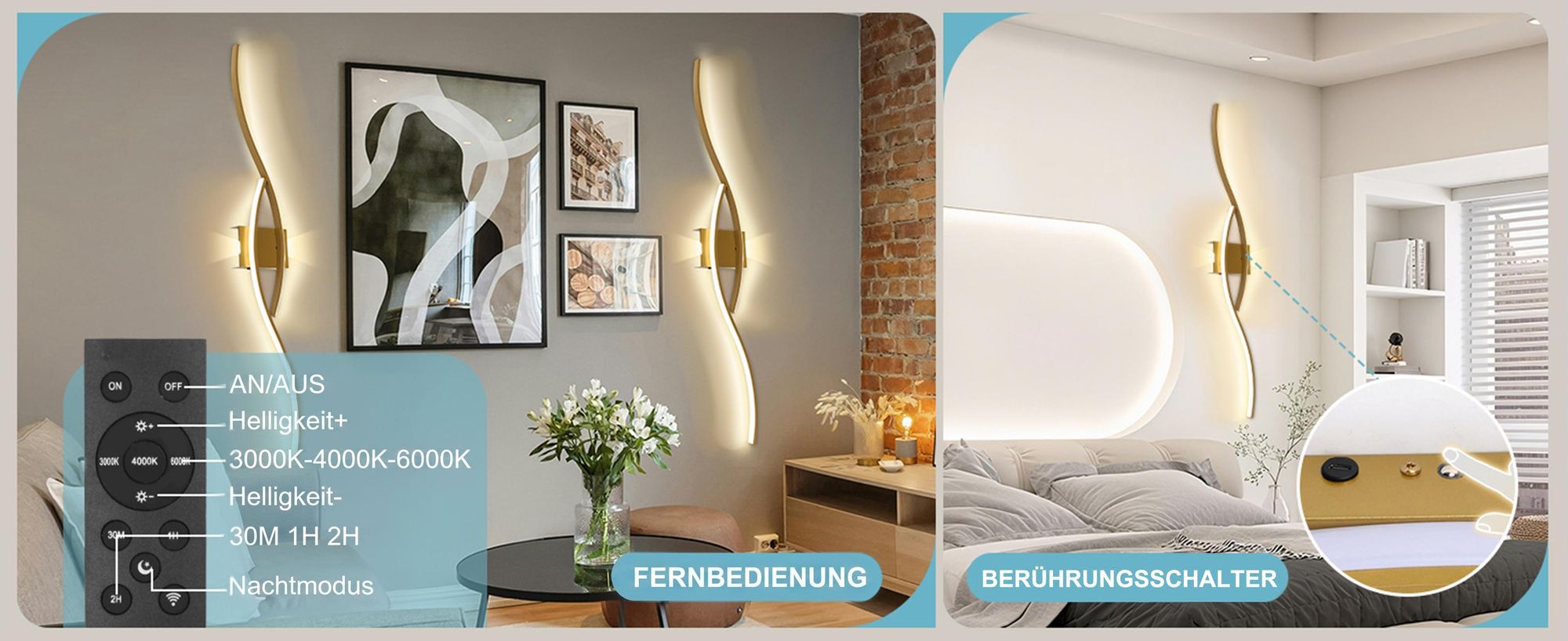2 Stück LED Wandleuchte Innen Modern Dimmbar 3 Farbtemperaturen Wiederaufladbar Wandlampe mit Fernbedienung