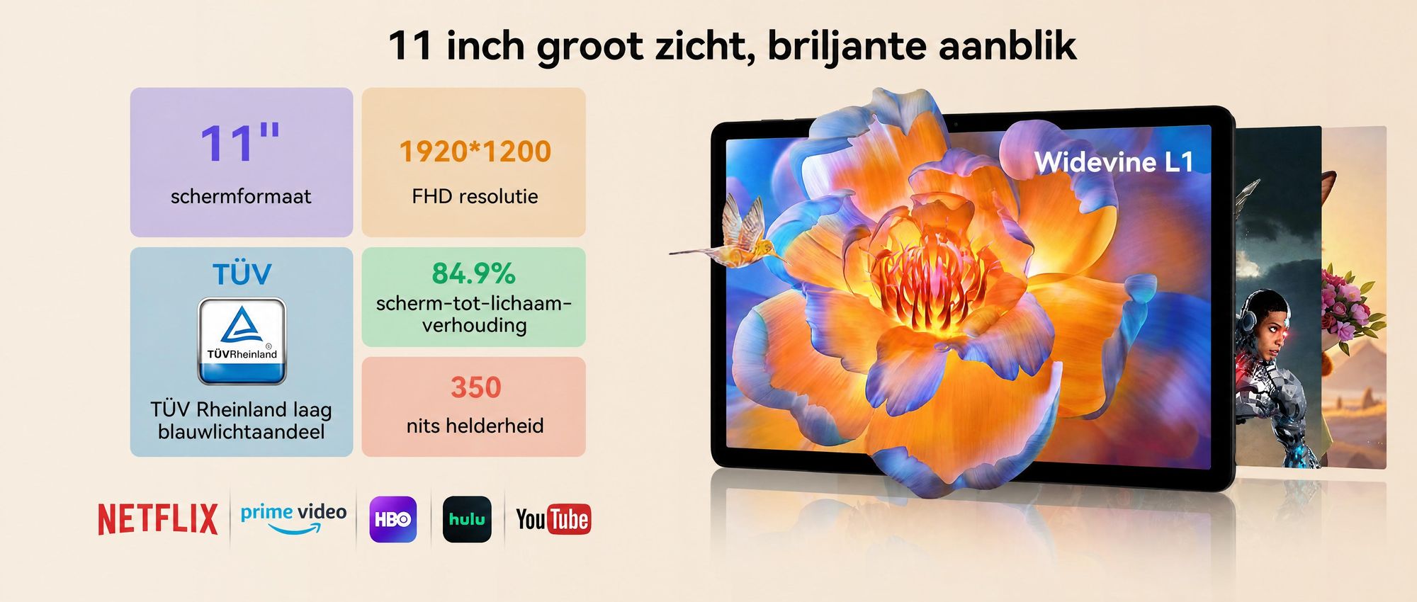 TABWEE T90 Tablet Android 16, 11 inch, 24+ 128 GB ROM (2 TB TF), 5G WiFi, met stylus/muiz/toetsenbord, 8000 mAh, 16 MP + 8 MP, Widevine L1, Gemini AI