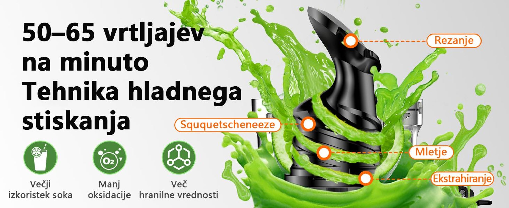 Pomalý odšťavňovač LINKChef SJ-052-EU-BL, objem 1,8 l, vhodný pro zeleninu a ovoce, trojitý filtrační systém, snadno se čistí - černý